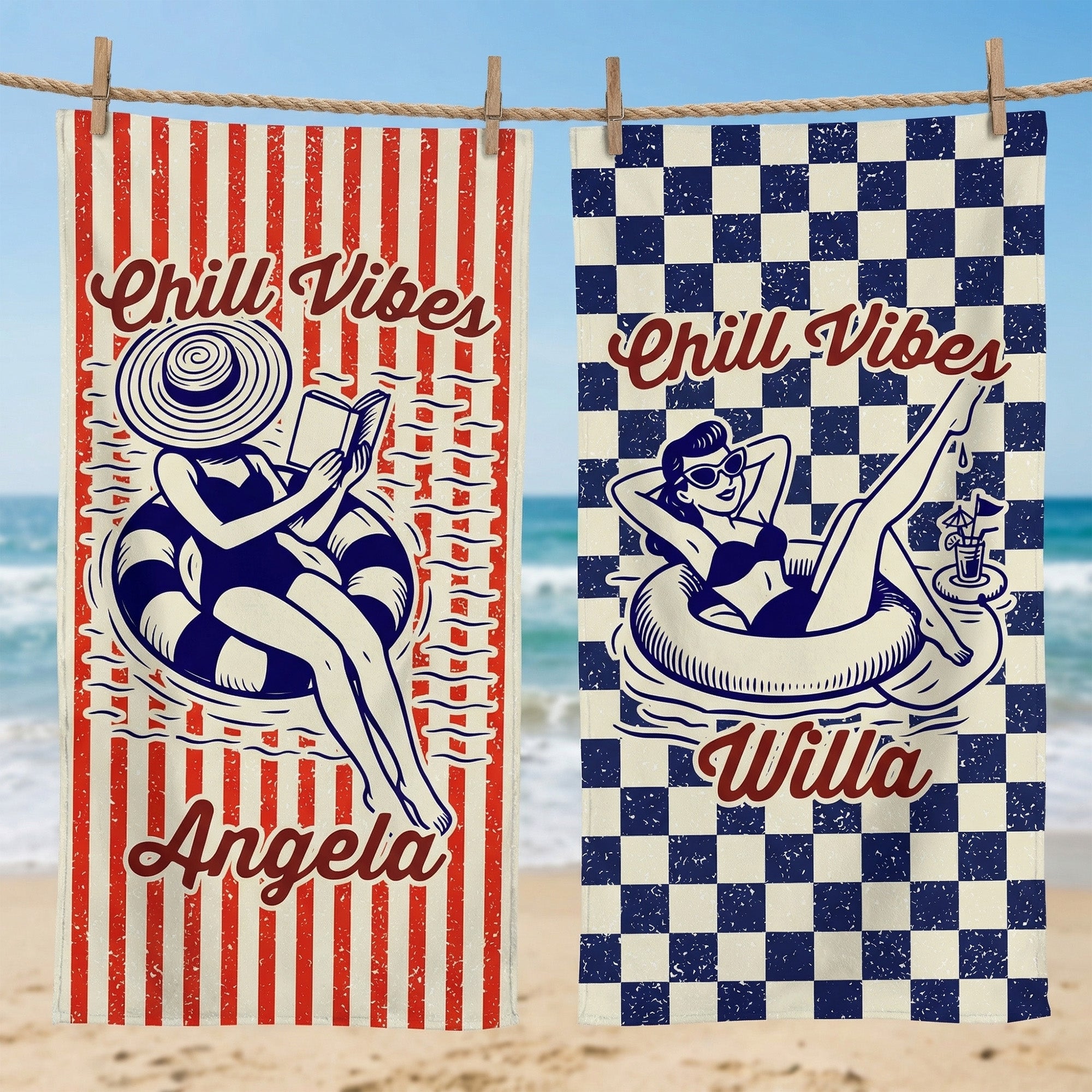 Toalla de playa personalizada Chill Vibes Swimming Woman Stripe Checker Quick Dry Soft Oversized Beach Towel with Name Summer Vacation Birthday Gift for Women