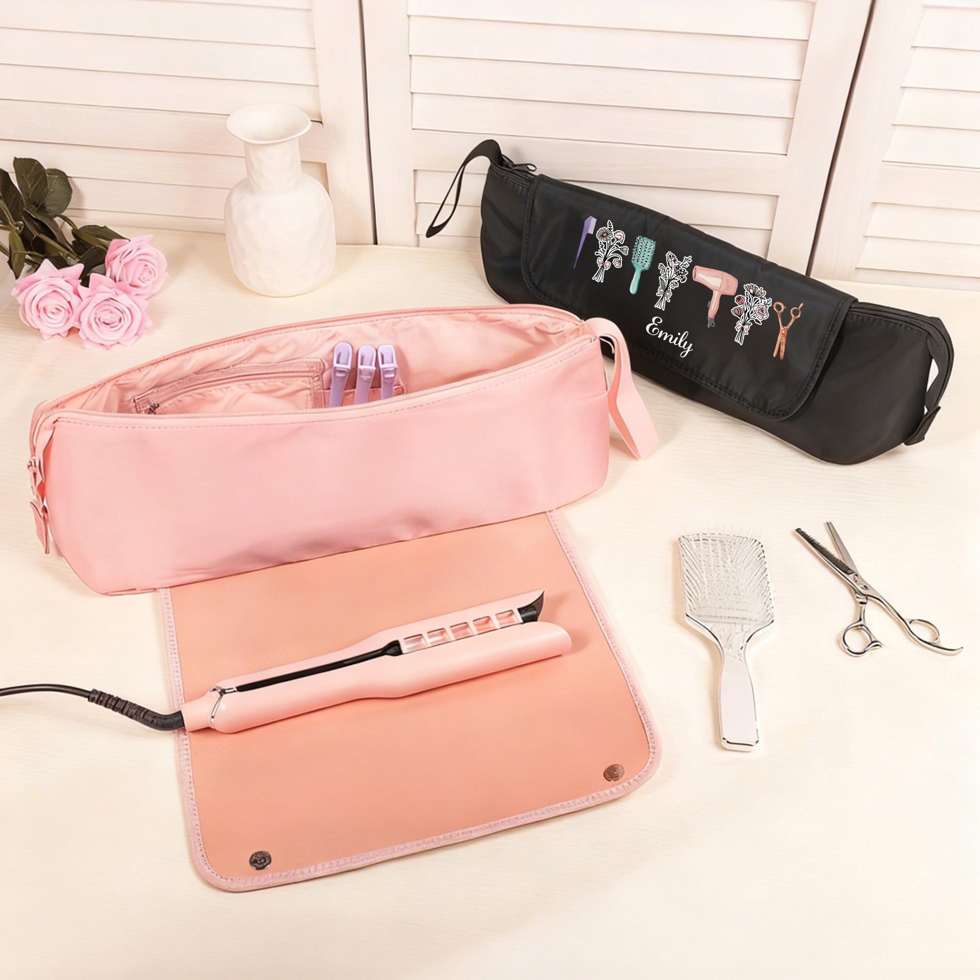 Ramo de flores de nacimiento personalizado Herramientas para el cabello Bolsa de viaje portátil con nombre y esterilla resistente al calor Esenciales de viaje Regalo de cumpleaños para mujer