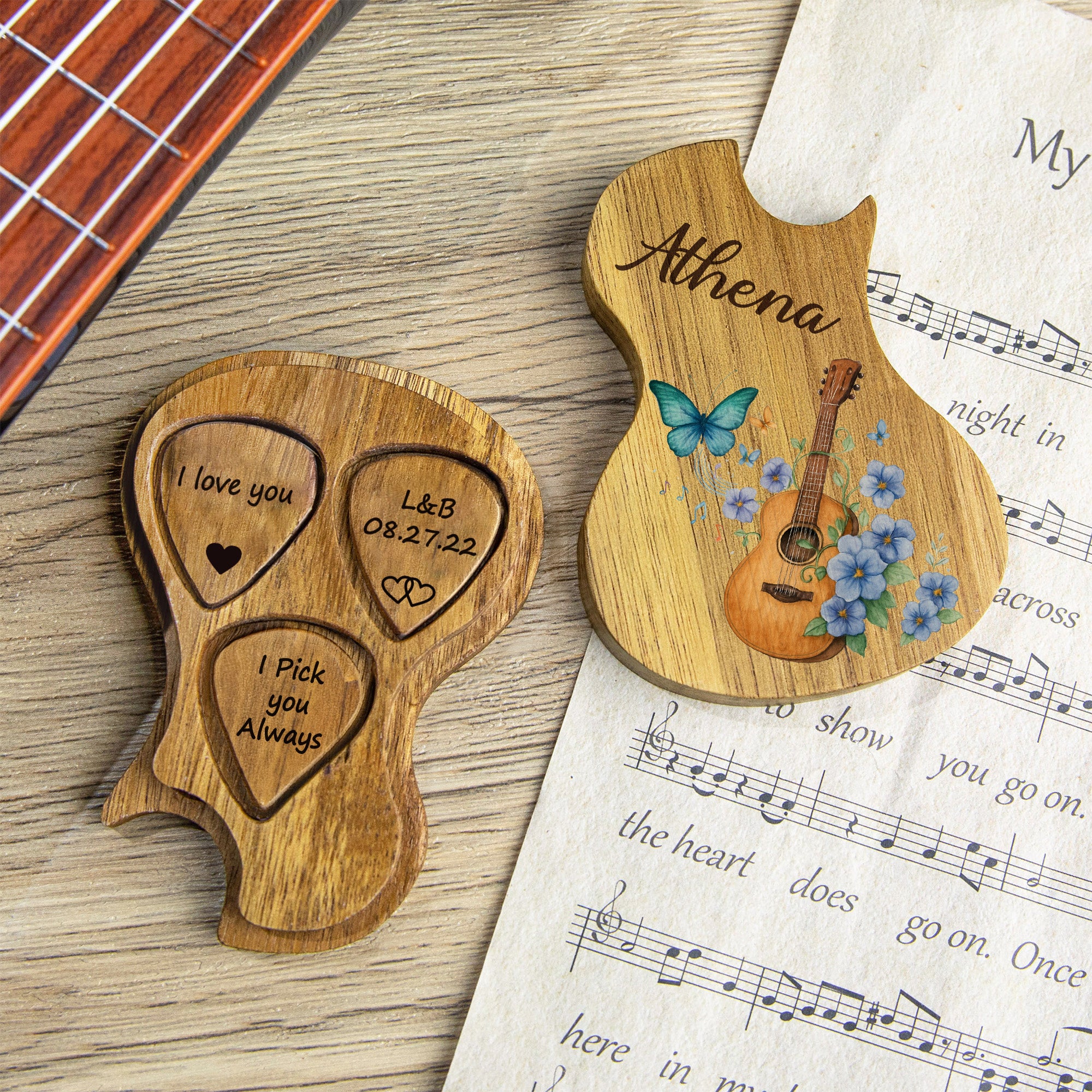 Guitarra Personalizada Flor de Nacimiento Mariposa Nombre de la Guitarra de Madera Caja de Almacenamiento con 3 Púas Regalo de Cumpleaños para Amantes de la Música Guitarristas