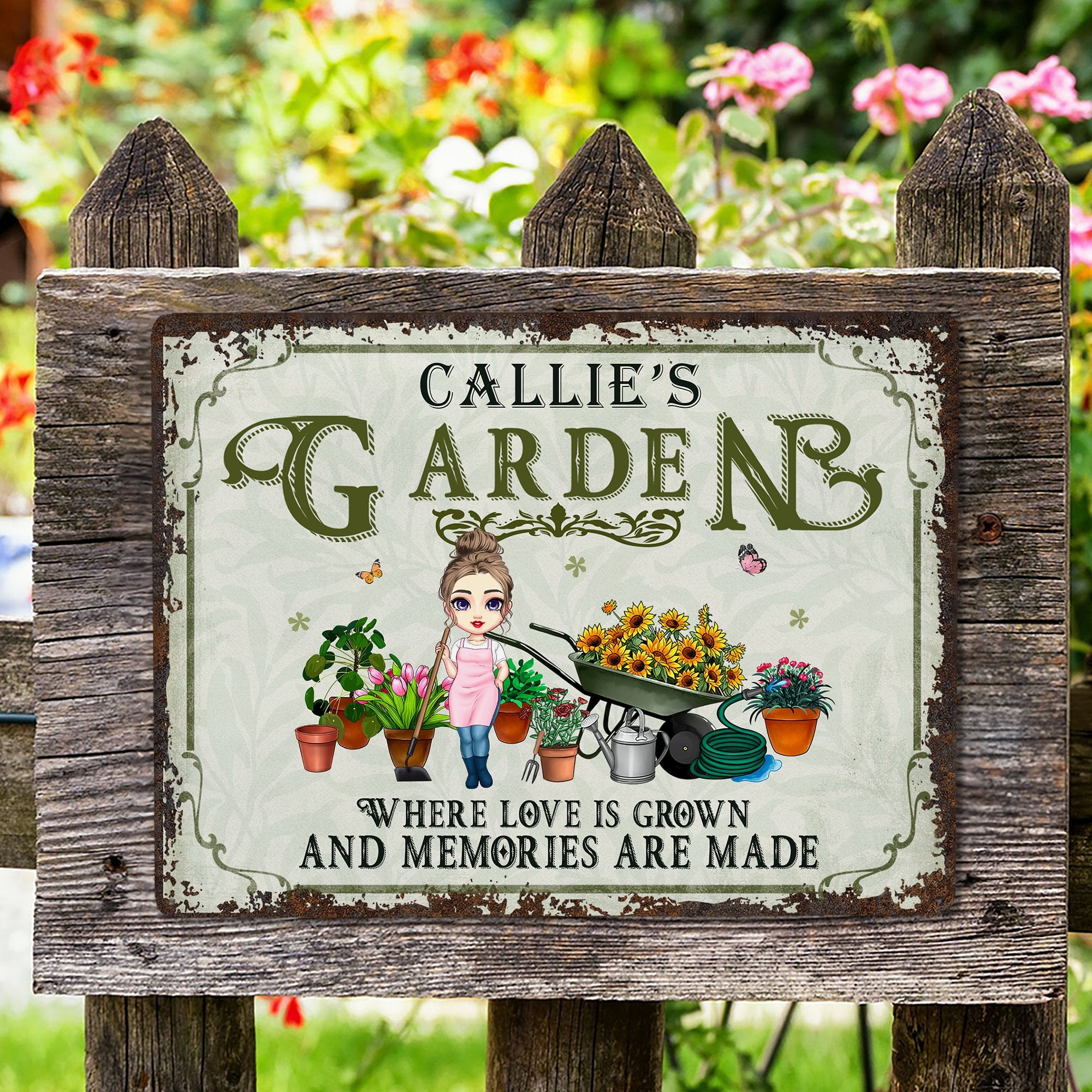 Letrero de metal personalizado de dibujos animados con el nombre del jardín Decoración de jardín Regalo de inauguración de la casa Cumpleaños para la abuela Mamá Amantes de la jardinería
