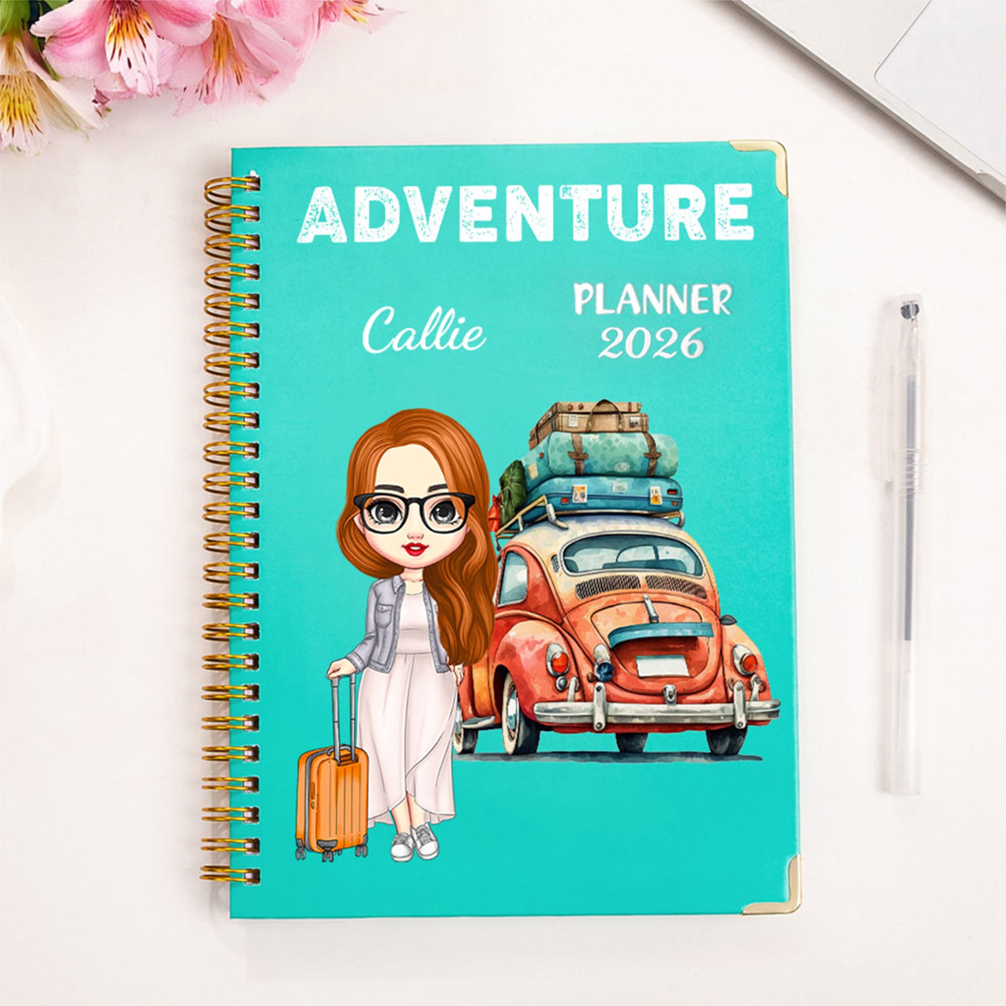 Planificador personalizado de dibujos animados de viajes en coche 2026 Cuaderno de espiral A5 con páginas semanales, mensuales y planificadoras Regalo de cumpleaños para hombres y mujeres