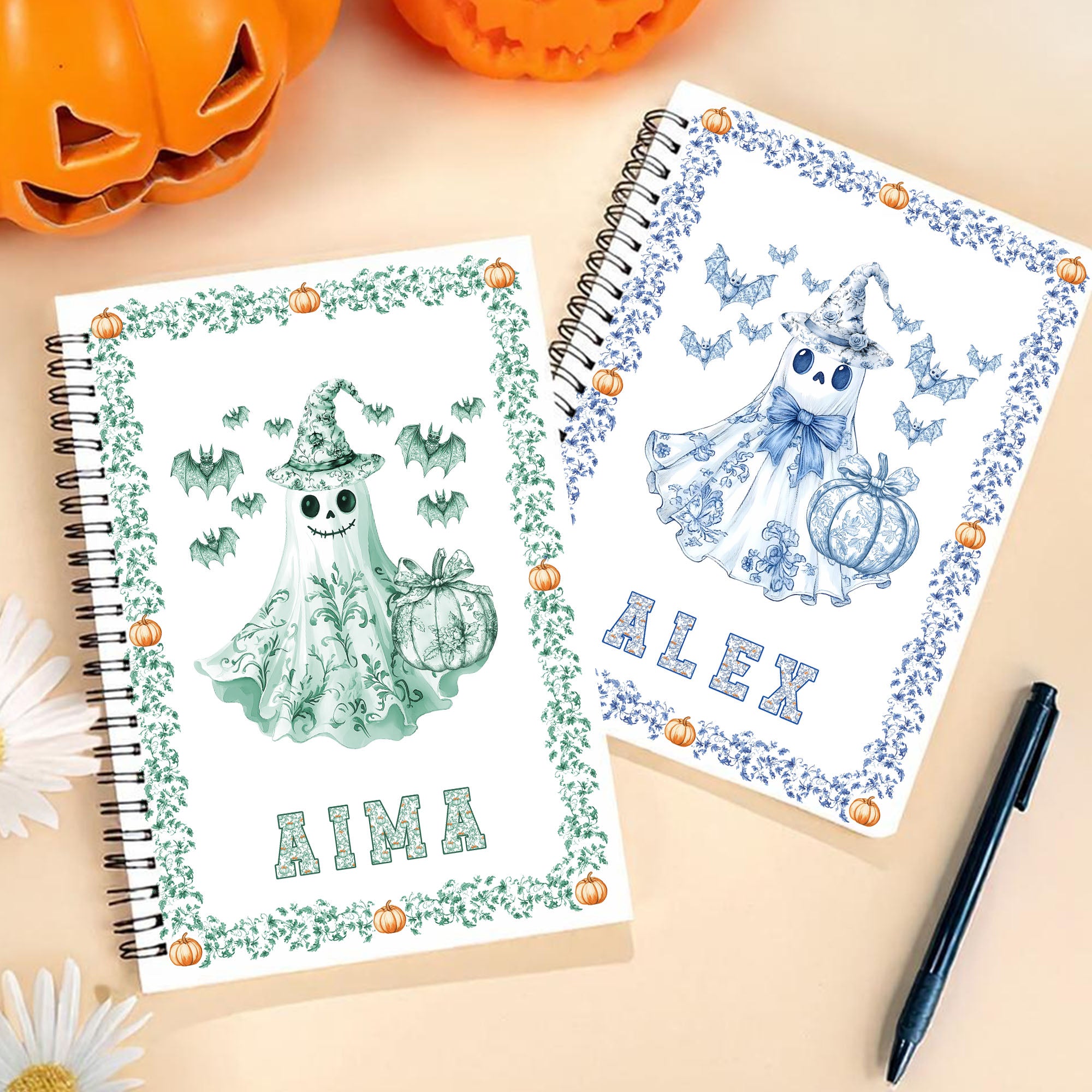 Cuaderno espiral personalizado Spooky Ghost Pumpkin Bat Toile De Jouy A5 con nombre y 60 páginas rayadas Uso diario Regalo de Halloween para mujeres Niños