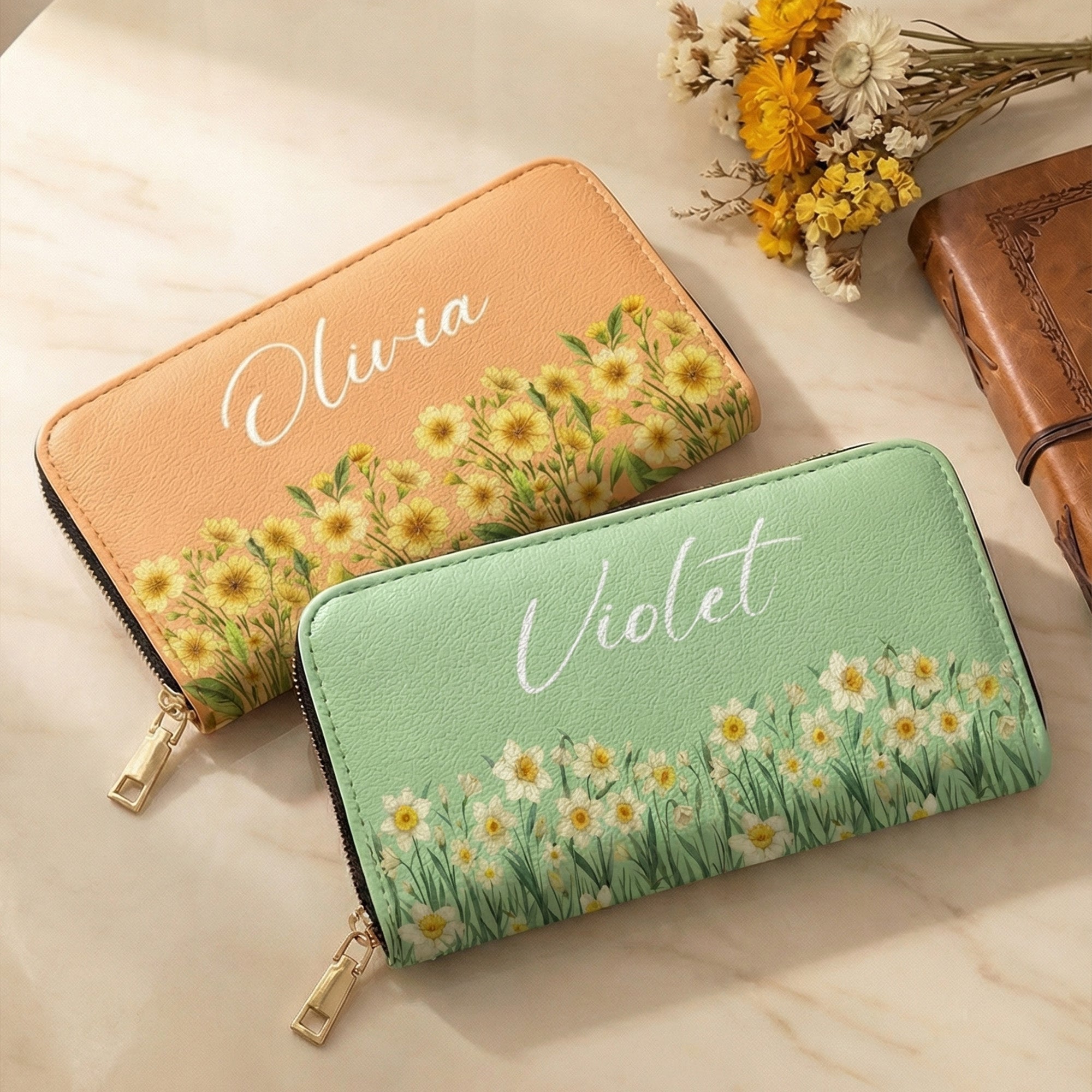 Personalizada portátil de nacimiento de la flor de cuero de la PU Billetera de las mujeres con el nombre del Día de la Madre de regalo de cumpleaños para las mujeres