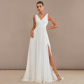Bridal Wedding Dress Ivory Long V-Neck A-line Chiffon