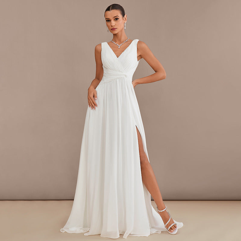 Bridal Wedding Dress Ivory Long V-Neck A-line Chiffon