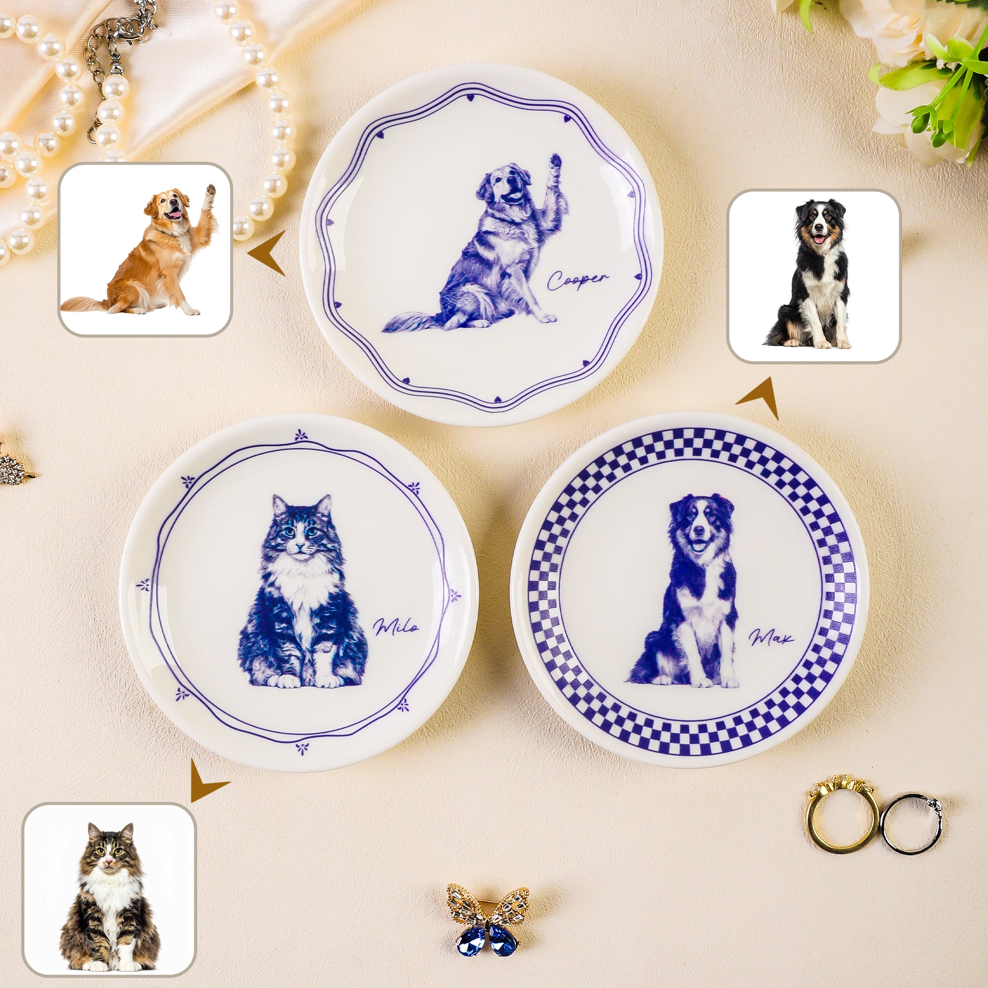 Plato de joyería con nombre pintado a mano con foto de mascota para uso diario Regalo de cumpleaños para mascota para dueño de perro gato amante de mascotas