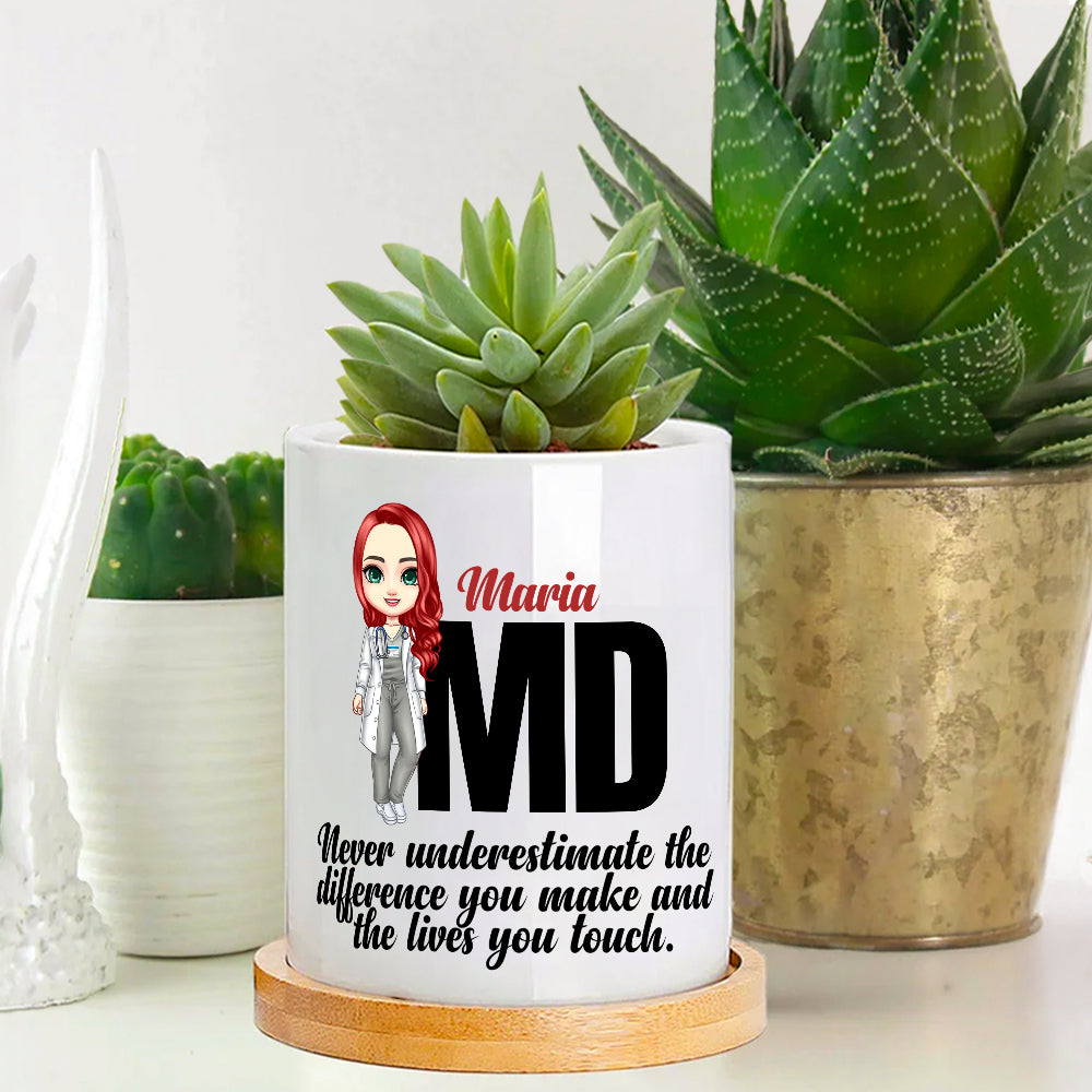 Maceta de cerámica con nombre y base de bambú personalizada con personaje médico de dibujos animados Regalo de agradecimiento de cumpleaños para personal médico y de enfermería