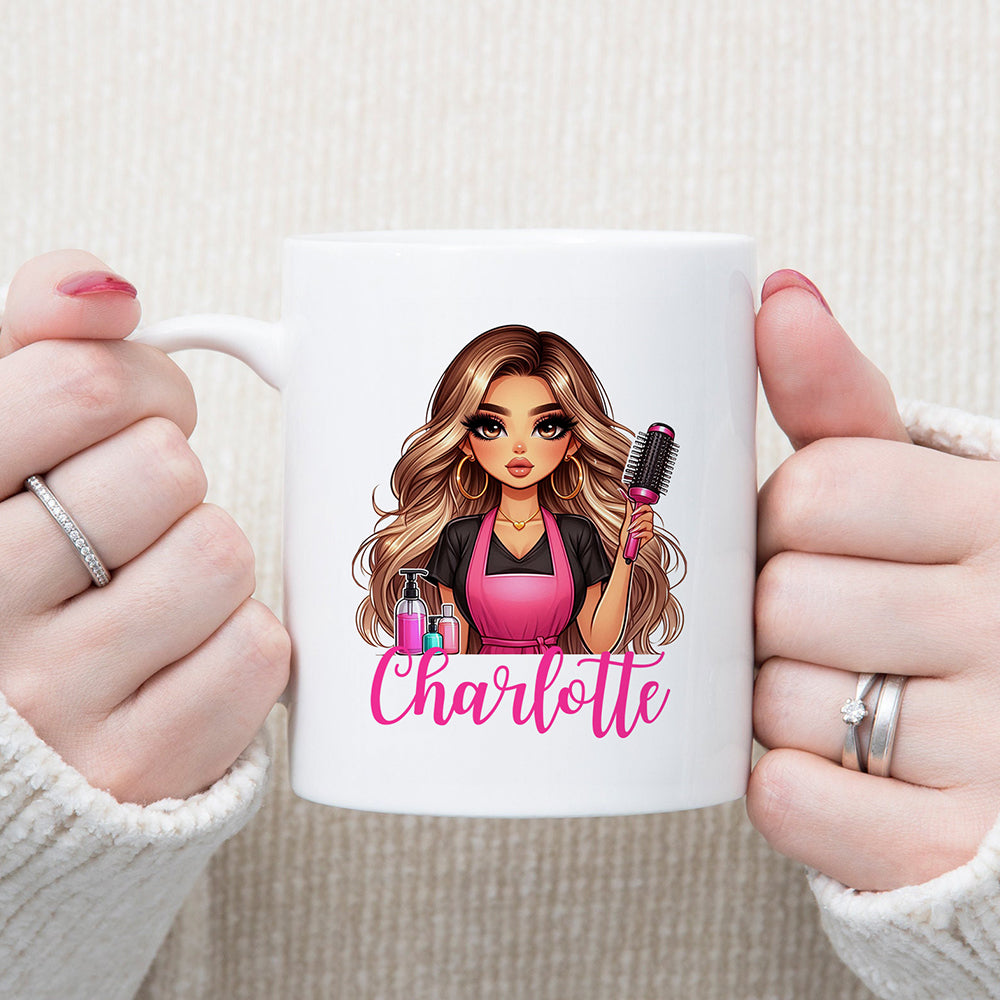 Personalizado Tijeras Secador de pelo Peluquería de dibujos animados Taza de café de cerámica con nombre Salón de Apertura Aniversario Cumpleaños de regalo para las mujeres peluquería