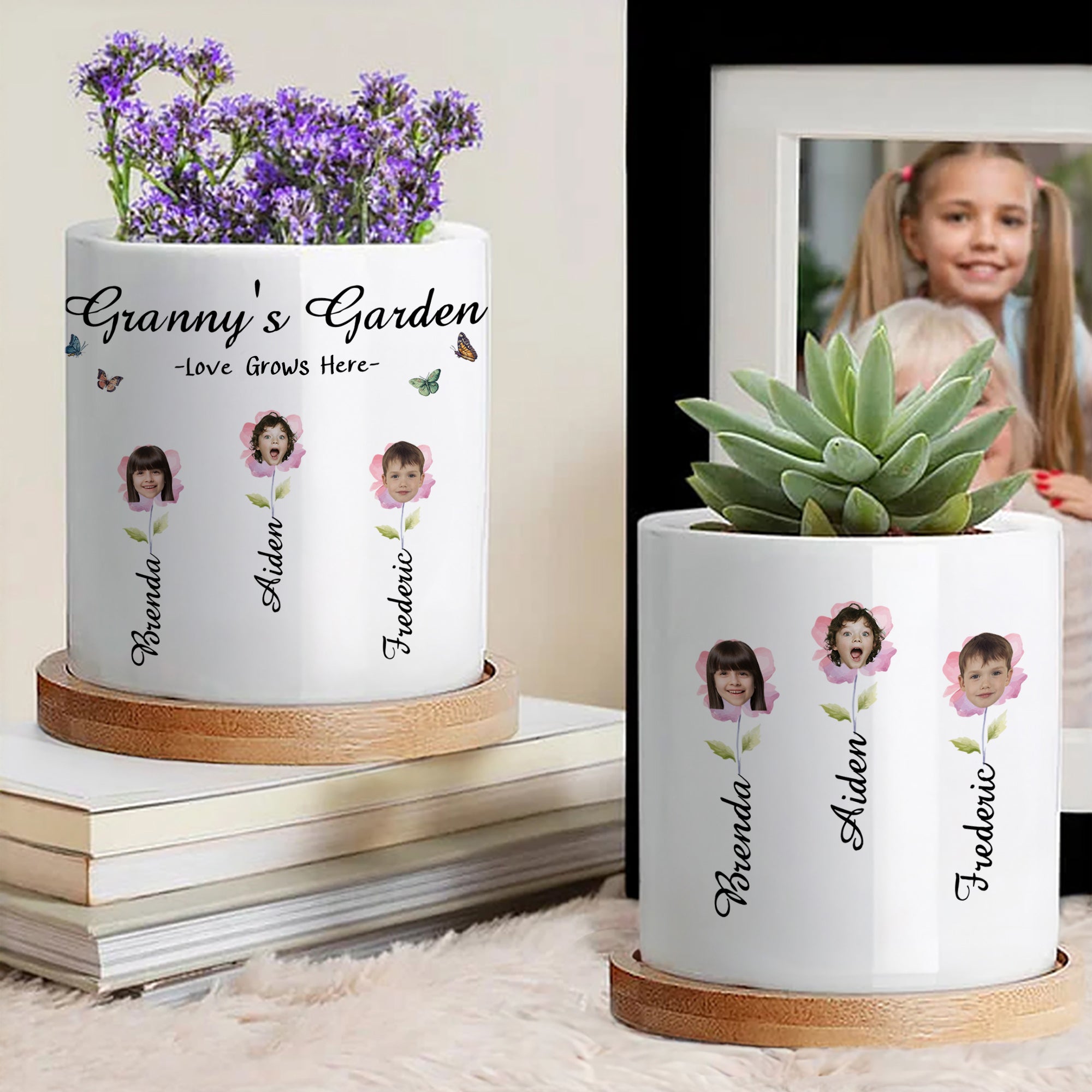 Personalizada Floral 1-10 Cara Foto Jardín Cerámica Florero con Bandeja de Bambú Nombre Título y Texto Navidad Cumpleaños Regalo para Mamá