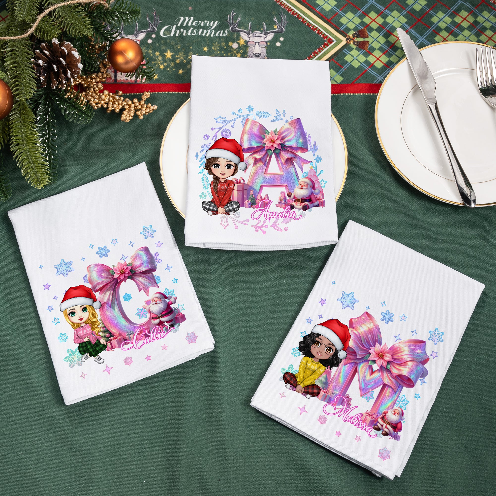 Personalizada Cartoon Character Pink Bow Flower Initial 100% Algodón Servilleta de Navidad con Nombre Decoración de Mesa Regalo de Navidad para la Familia Amigo