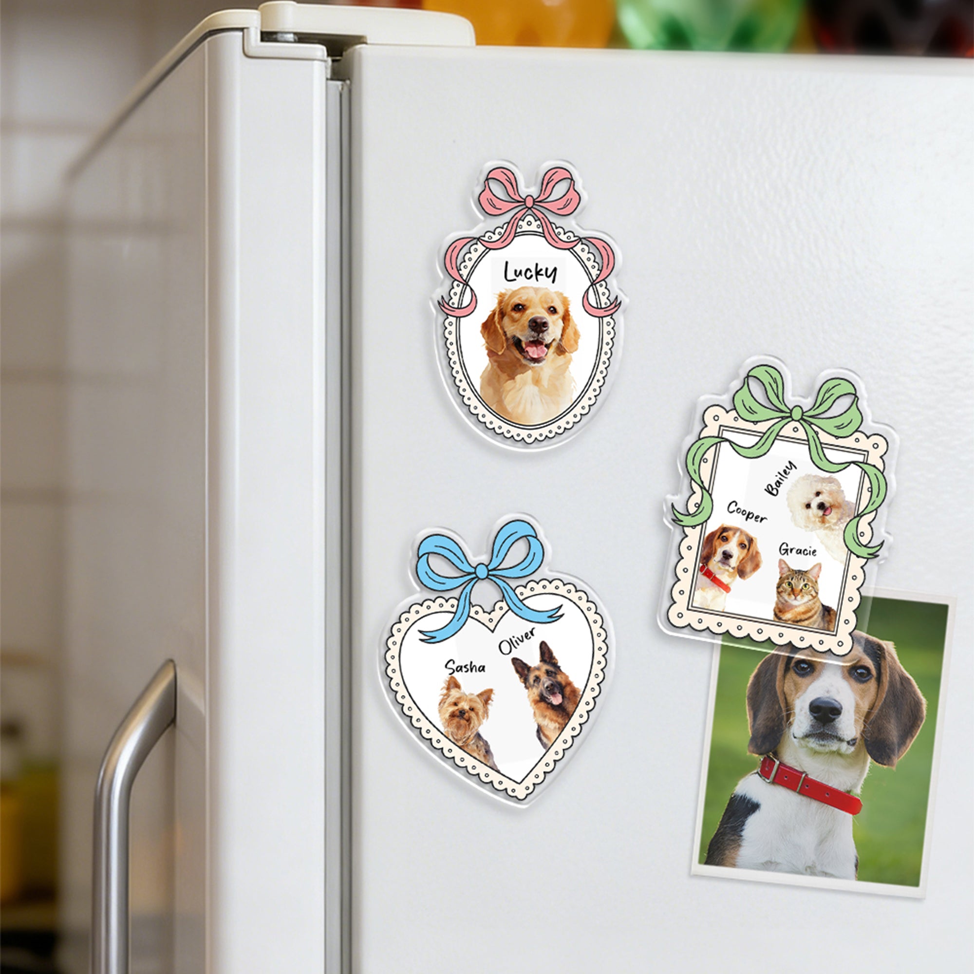 Personalizada Acuarela 1-3 Fotos de Mascotas Lazo Marco Acrílico Nevera Imán con Nombre Decoración del Hogar Fiesta de Mascotas Regalo de Cumpleaños para los Amantes de las Mascotas