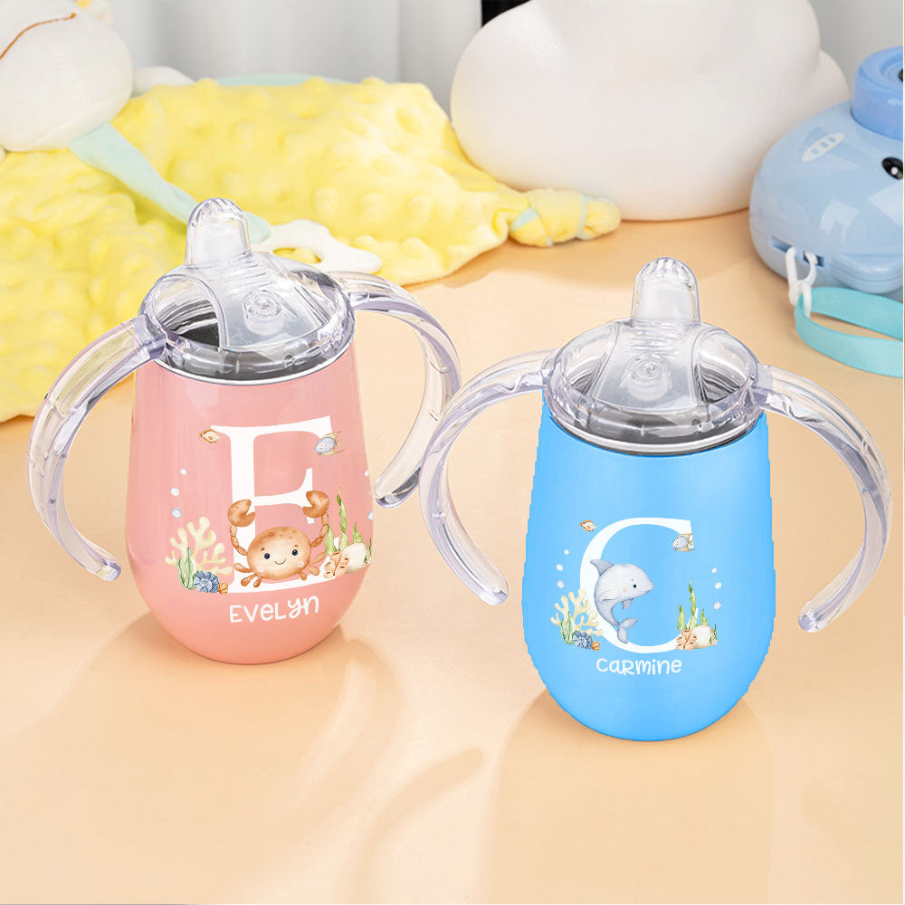 Taza aislante con nombre y asa personalizada con iniciales de animal marino 10oz Regalo de cumpleaños de Baby Shower para niños
