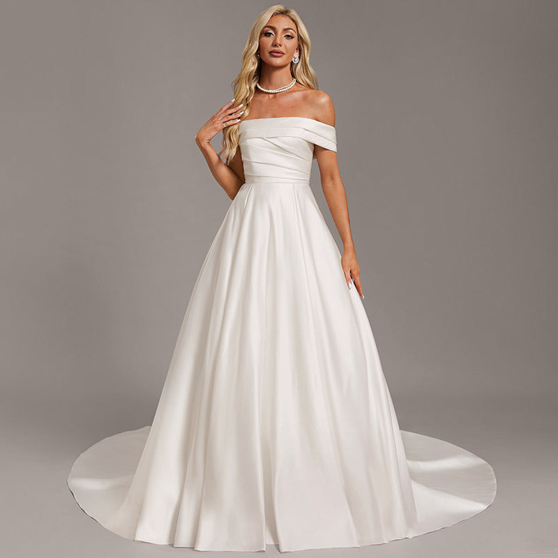 Bridal Wedding Dress Ivory Long Off the Shoulder Ball-Gown Princess Satin