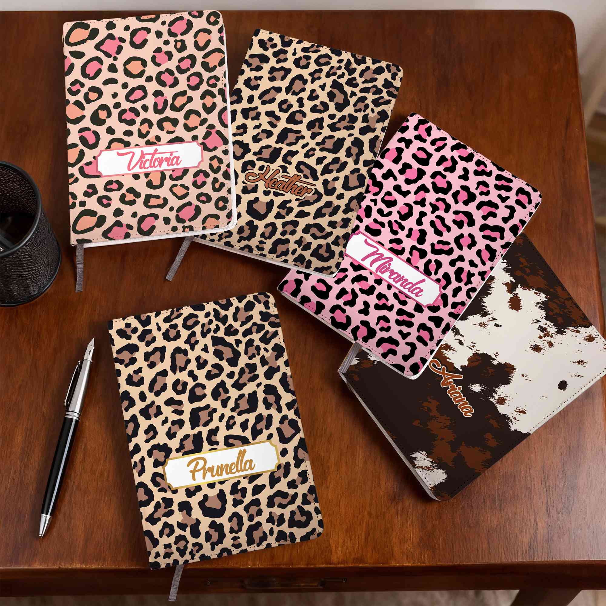 Cuaderno A5 personalizado con estampado de leopardo y vaca de las Highlands Regalo de cumpleaños para estudiantes