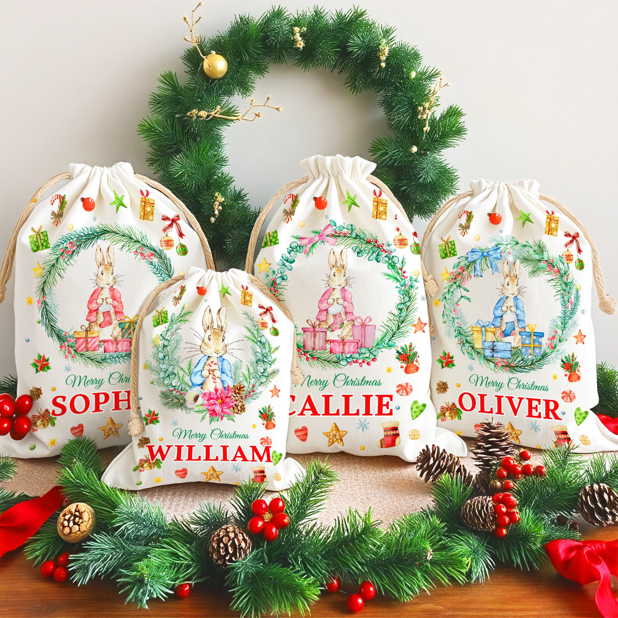 Personalizado lindo Peter Conejo Guirnalda de Navidad bolsa de regalo de cordón con el nombre de la víspera de Navidad regalo de la fiesta para los niños familia amigos