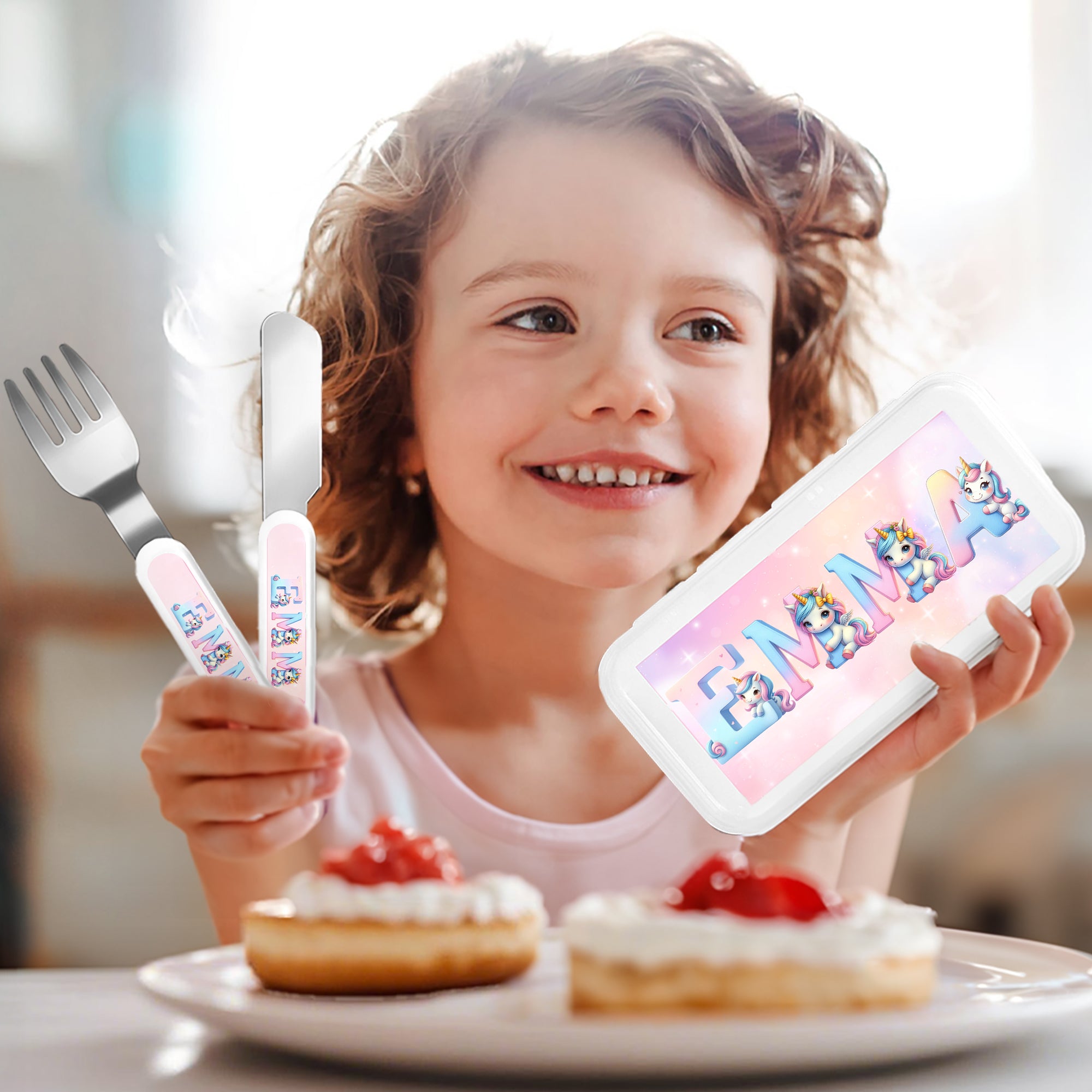 Tenedor Cuchara Cuchillo 3 Piezas Juego de Cubiertos Personalizado Dinosaurio Fantasía Unicornio Seguro de Acero Inoxidable con Estuche y Nombre Regalo de Cumpleaños para Niños