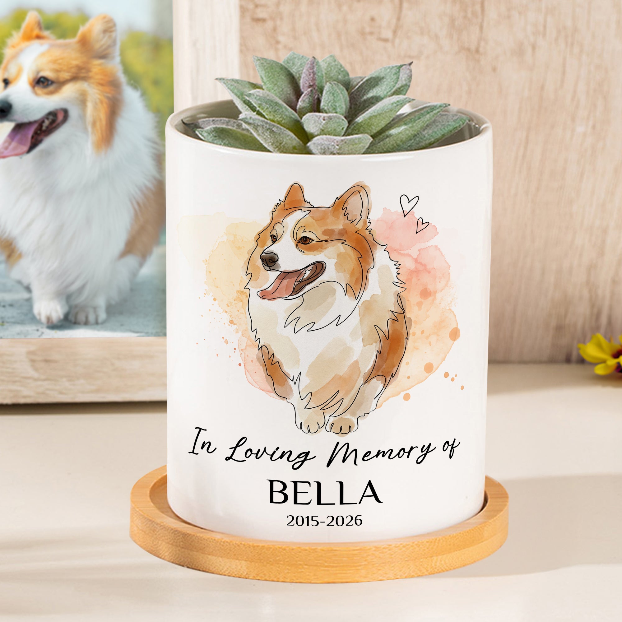 Maceta suculenta con nombre y bandeja de bambú personalizada con foto de mascota en acuarela Regalo conmemorativo para dueño de mascota gato perro