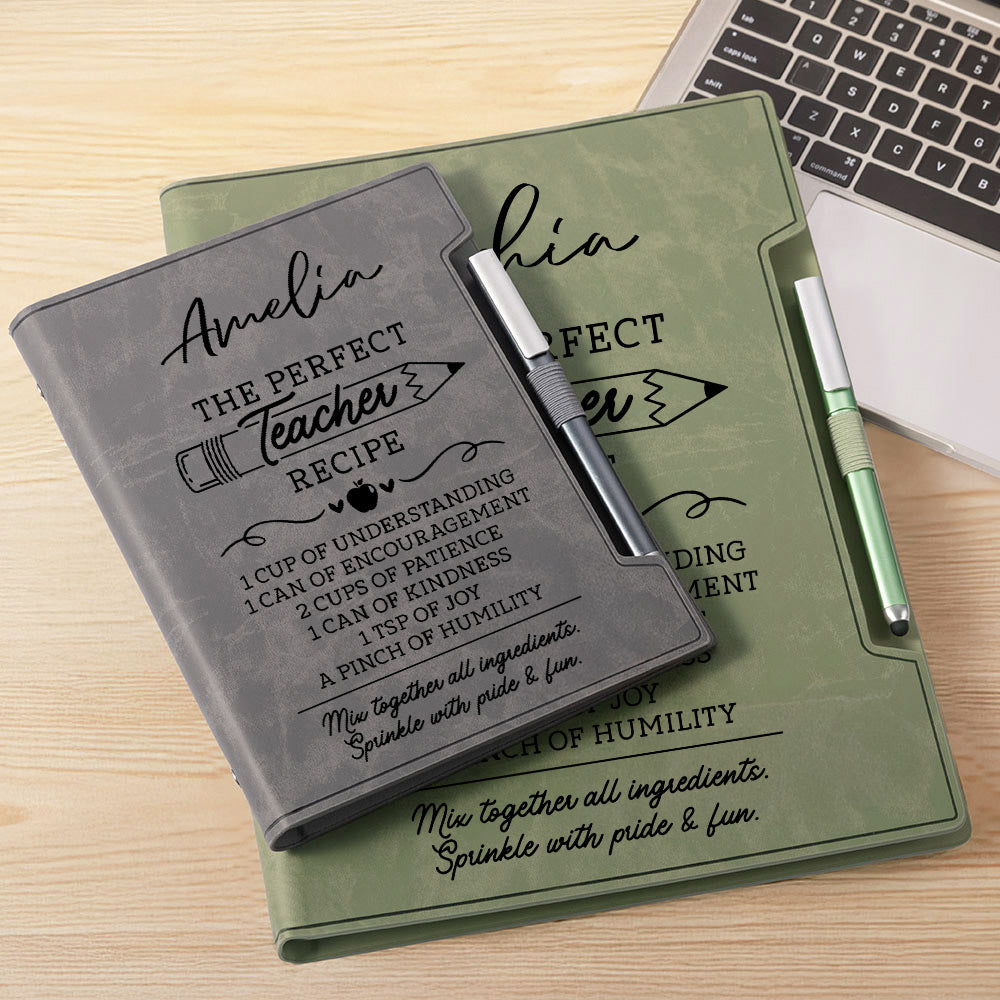 Libreta y bolígrafo recargables de cuero personalizados con el nombre de la receta del profesor perfecto Día del Maestro Apreciación de regalo para el maestro