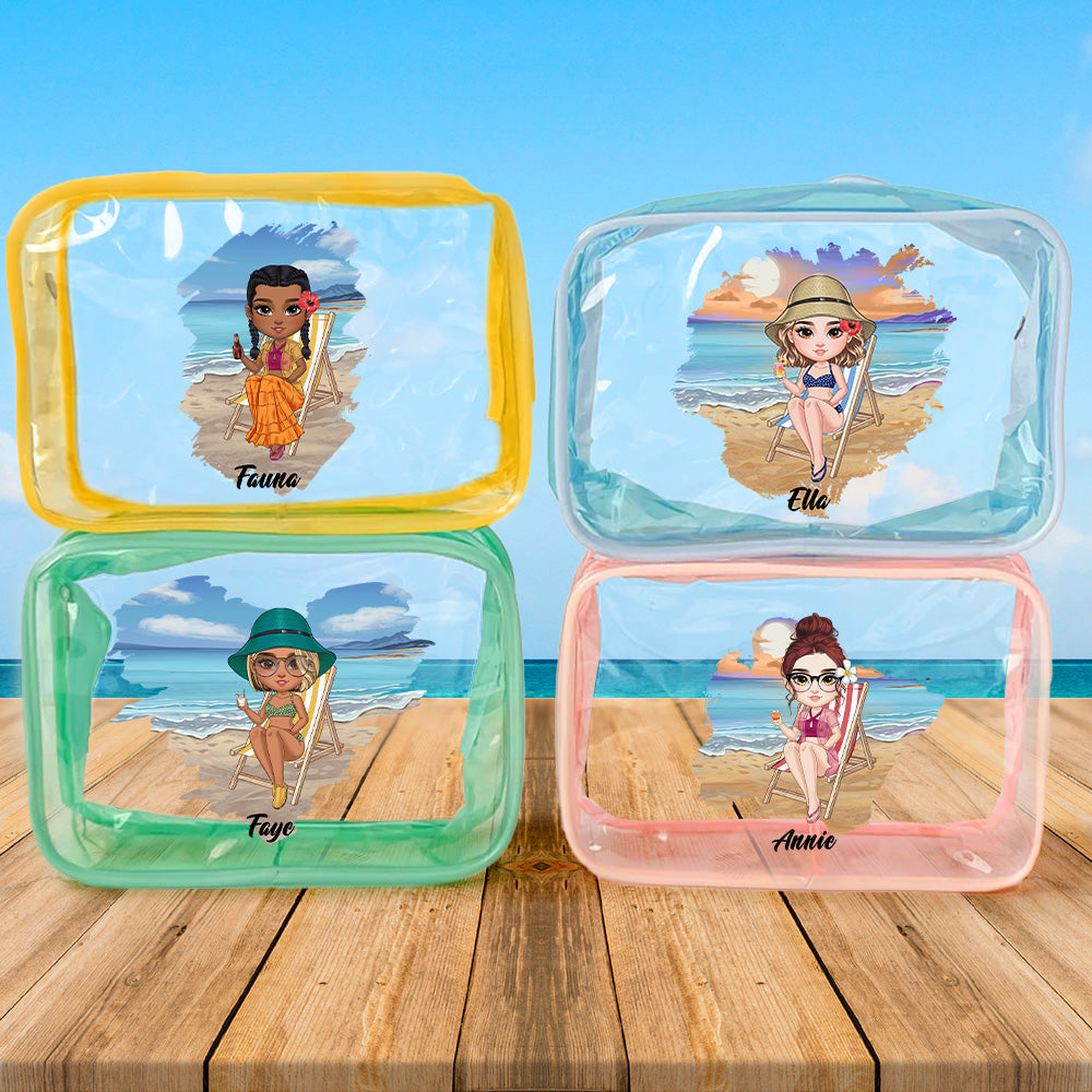 Personalizada Azul Cielo Atardecer Caricatura Personaje Transparente Impermeable Bolsa de Maquillaje con Nombre Accesorios de Viaje Regalo de Cumpleaños para Ella