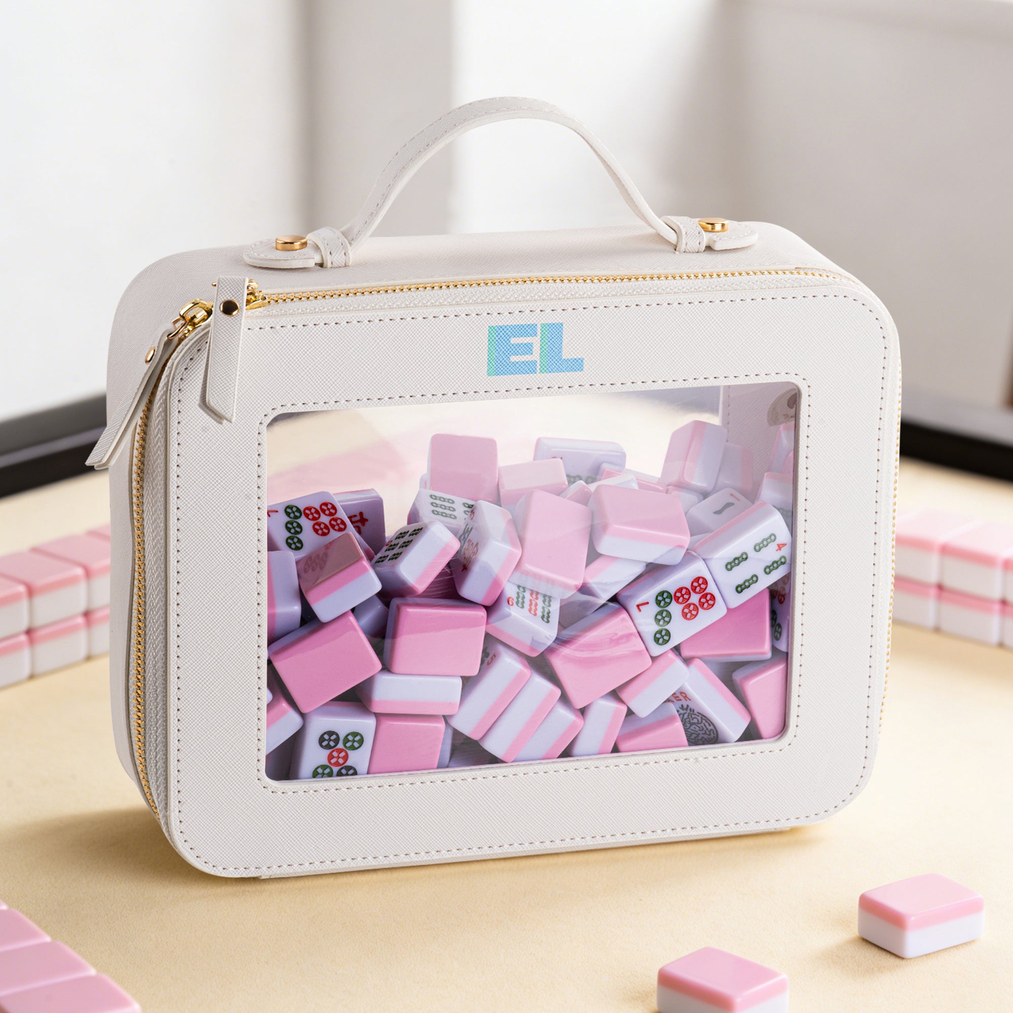 Bolsa portátil de cuero de PU para fichas de Mahjong con monograma colorido Accesorio de Mahjong Regalo de inauguración de la casa para jugadores amantes de Mahjong