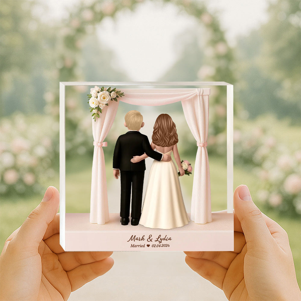 Personalizado 3D de dibujos animados de la novia y el novio placa de acrílico con el nombre y el texto del aniversario de boda de San Valentín Día de regalo para los recién casados Parejas