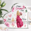 Placa acrílica personalizada en forma de corazón con los nombres de la madre y el niño en la vista posterior de dibujos animados florales Decoración de escritorio Día de la Madre Regalo de cumpleaños