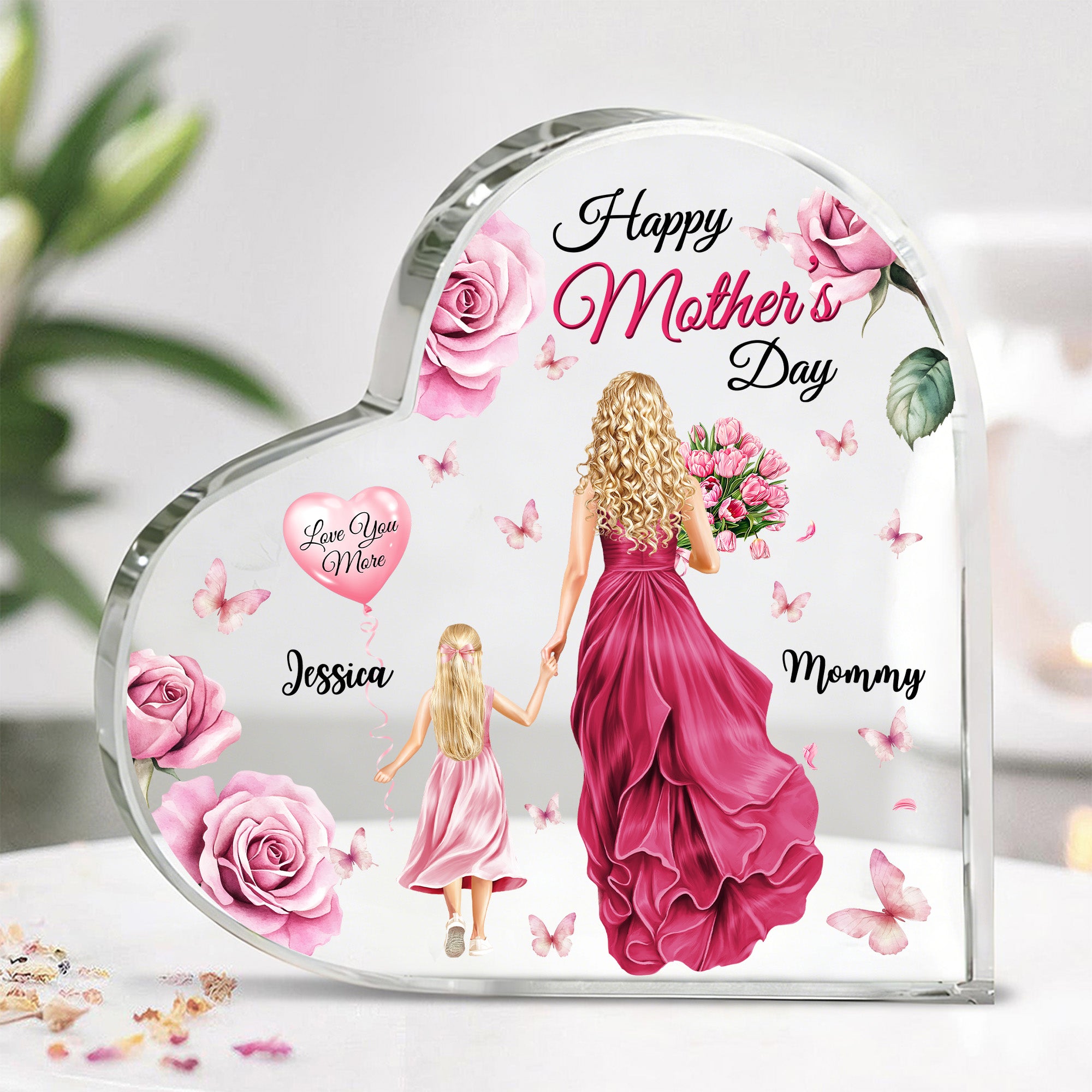 Placa acrílica personalizada en forma de corazón con los nombres de la madre y el niño en la vista posterior de dibujos animados florales Decoración de escritorio Día de la Madre Regalo de cumpleaños