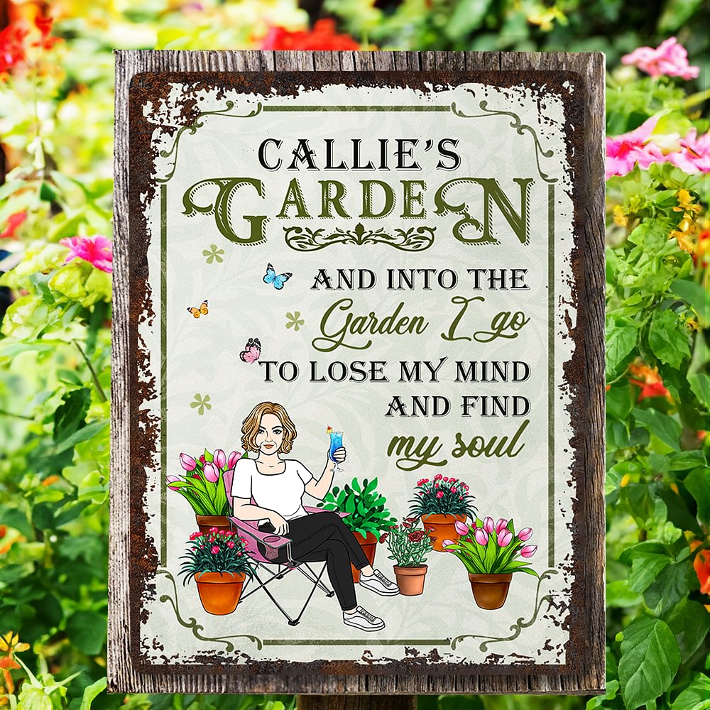 Personalizado Retro Jardín Cartoon Character Vertical Metal Sign with Name Garden Decor Regalo de cumpleaños para la abuela mamá amante de la jardinería