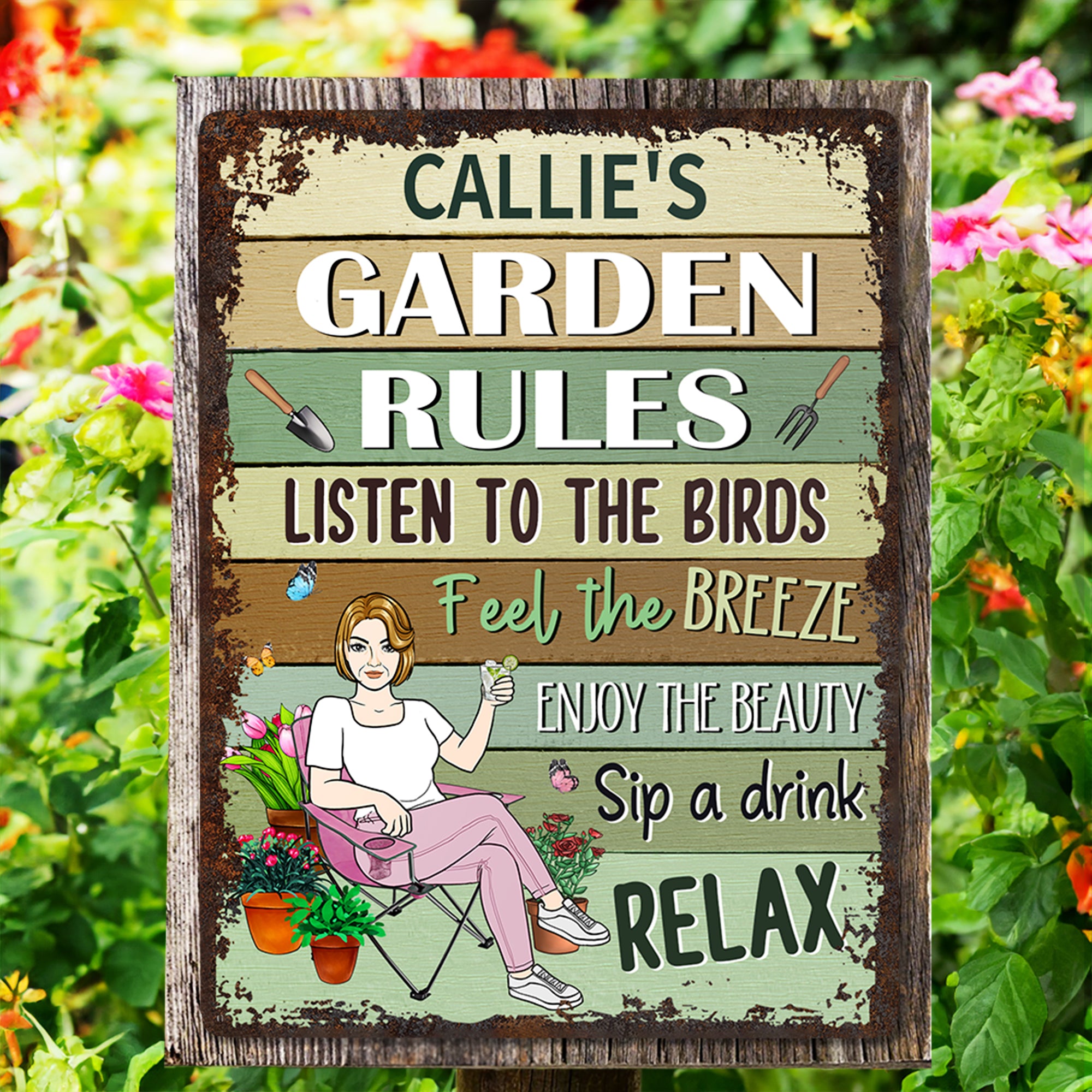 Reglas de jardín personalizadas Personaje de dibujos animados Letrero vertical de metal con nombre Decoración de jardín Regalo de cumpleaños de inauguración de la casa para los amantes de la jardinerí