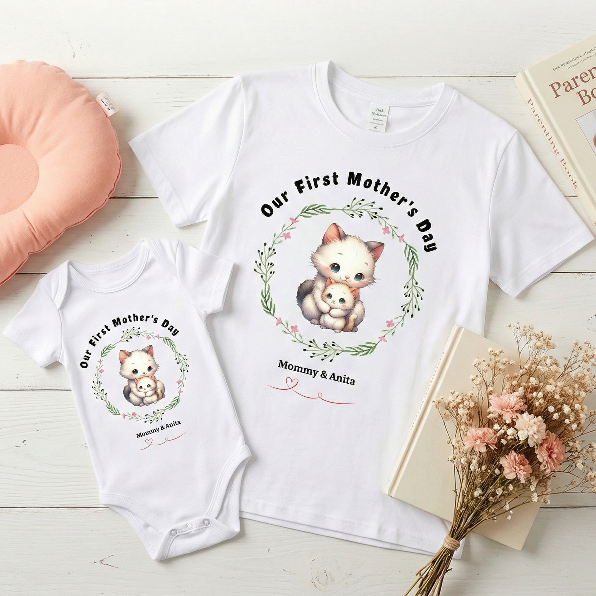 Personalizado Mamá lindo bebé animal corona corazón100% algodón camiseta del bebé body a juego con los nombres 1er regalo del día de la madre para el bebé nueva mamá