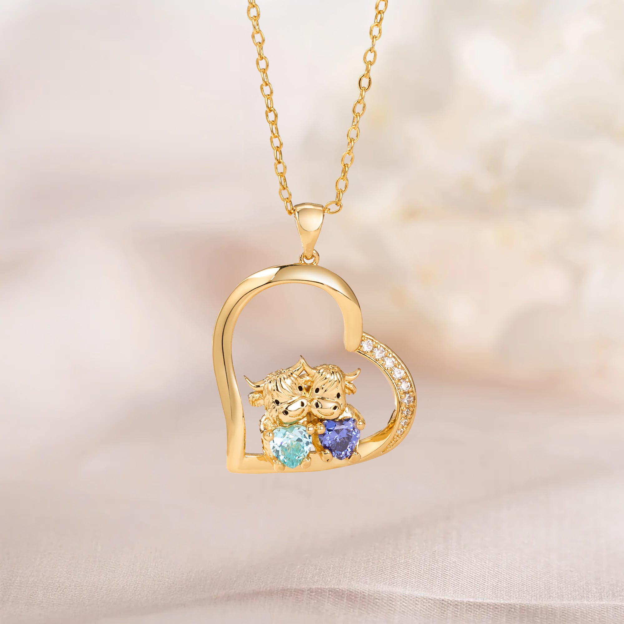 Personalizado Corazón 2 Highland Vacas Birthstones Collar Dainty Joyería Cumpleaños Aniversario Regalo para Parejas Amigos Highland Cow Lovers