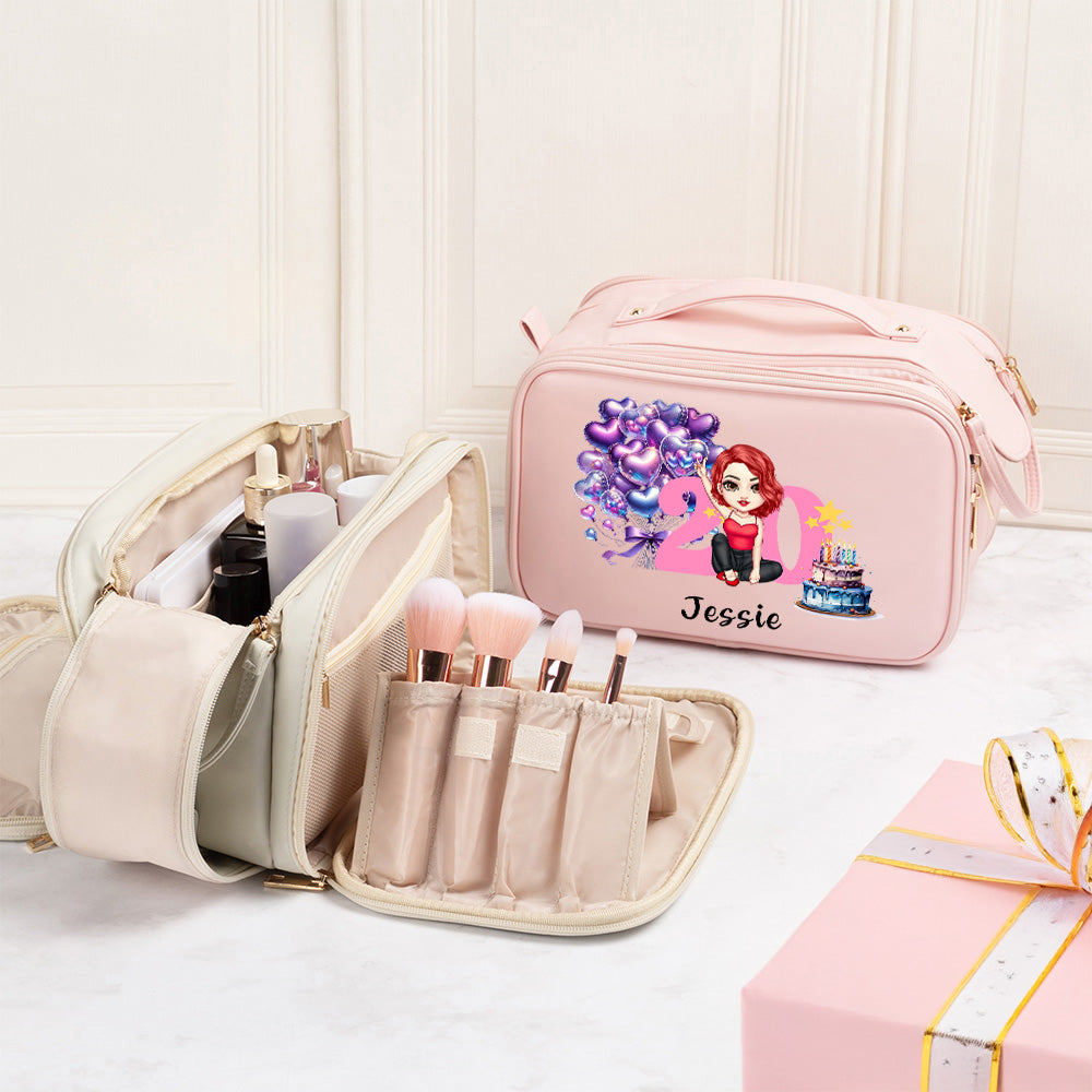 Personalizada Torta de Cumpleaños Globo de dibujos animados Chica PU Bolsa de maquillaje de cuero con el nombre de la edad y el mango Aniversario de cumpleaños de regalo para las niñas las mujeres