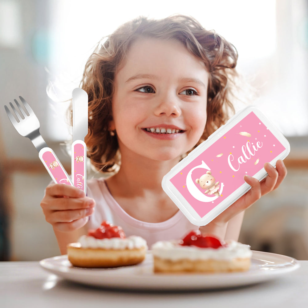 Personalizado Oso Tigre Ballet Animales Inicial Tenedor Cuchara Cuchillo 3 Piezas Juego de Cubiertos con Funda y Nombre Regalo de Cumpleaños Vuelta al Cole para Niños