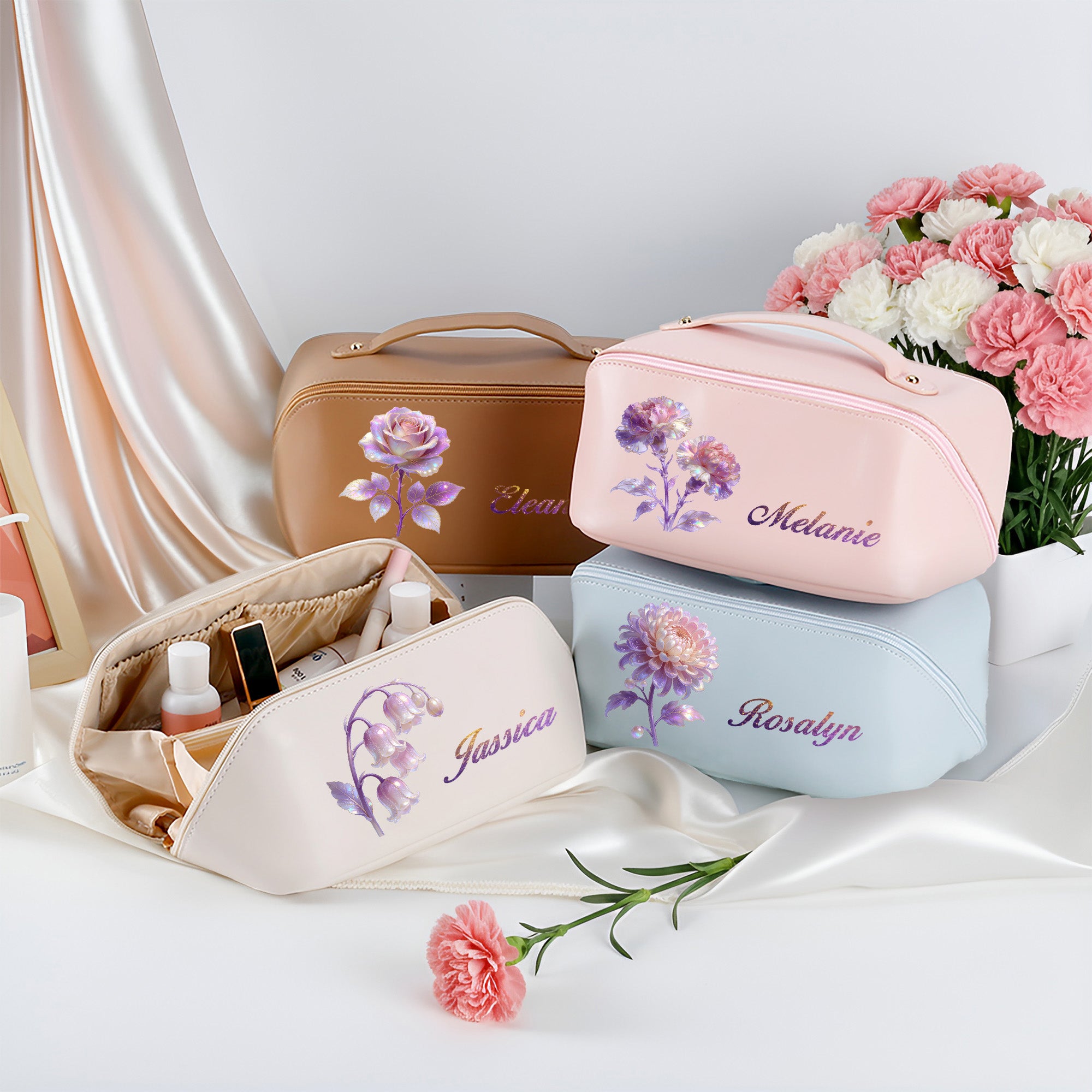 Personalizado Nacimiento Flor PU Cuero Amplia Apertura Bolsa de Maquillaje con Nombre Viaje Esencial Uso Diario Cumpleaños Regalo para Mujeres