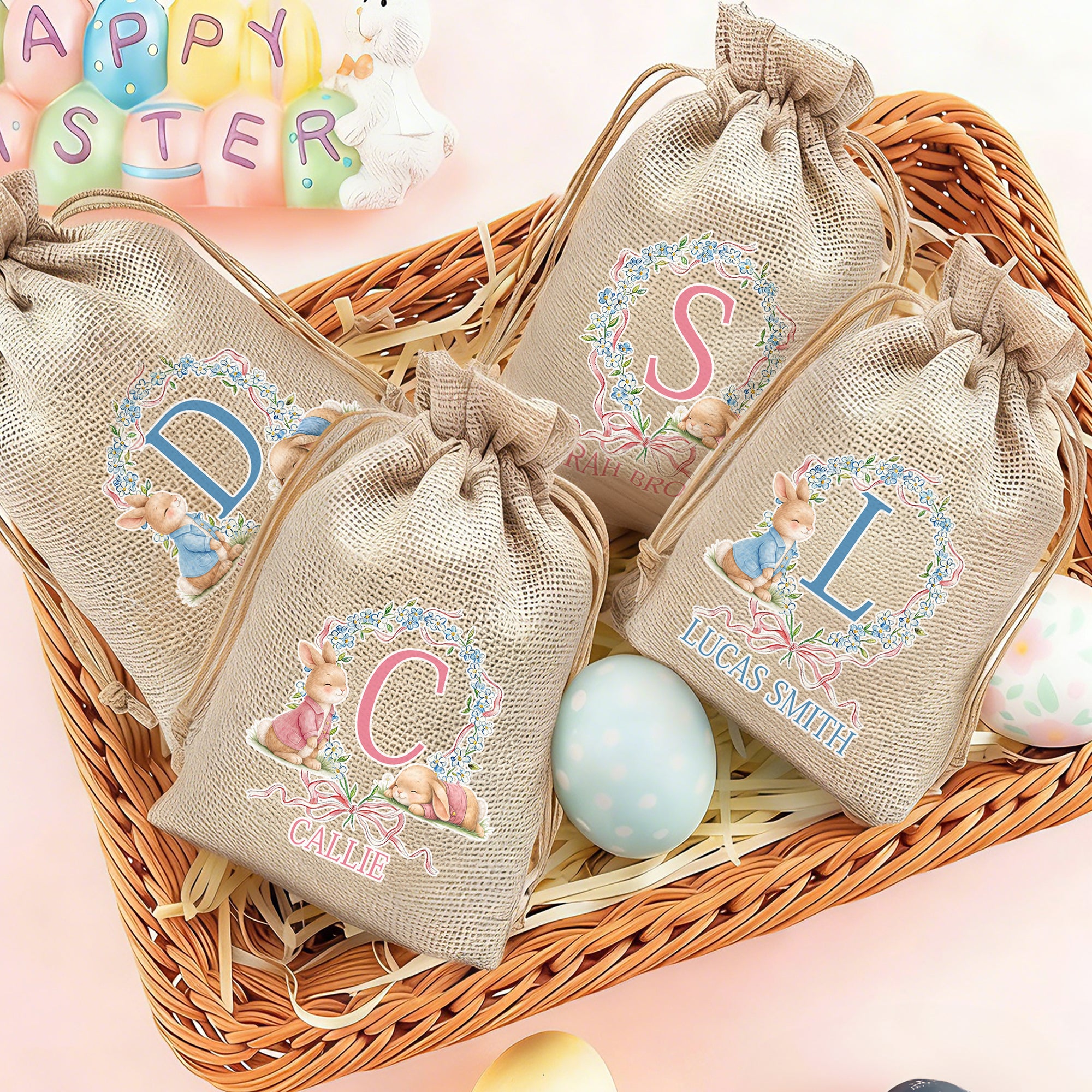 Guirnalda personalizada arco lindo conejo inicial bolsa de regalo de caramelo de cordón con el nombre de Pascua Holiday Party Favors Regalo para Niños Niñas