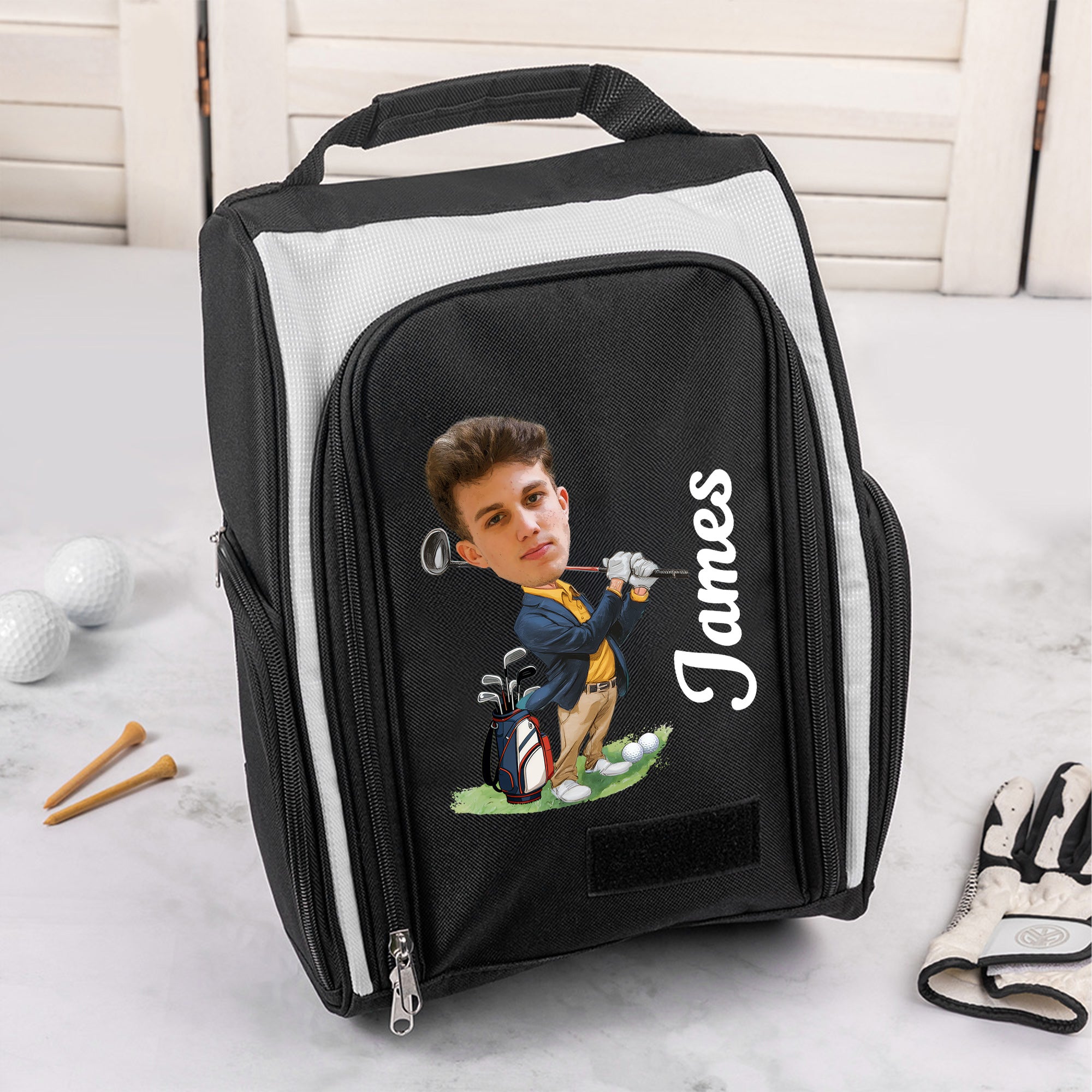Palo de golf personalizado Cara de personaje de dibujos animados Bolsa de gran capacidad con nombre Accesorios de golf Cumpleaños Regalo de Navidad para los amantes del golf