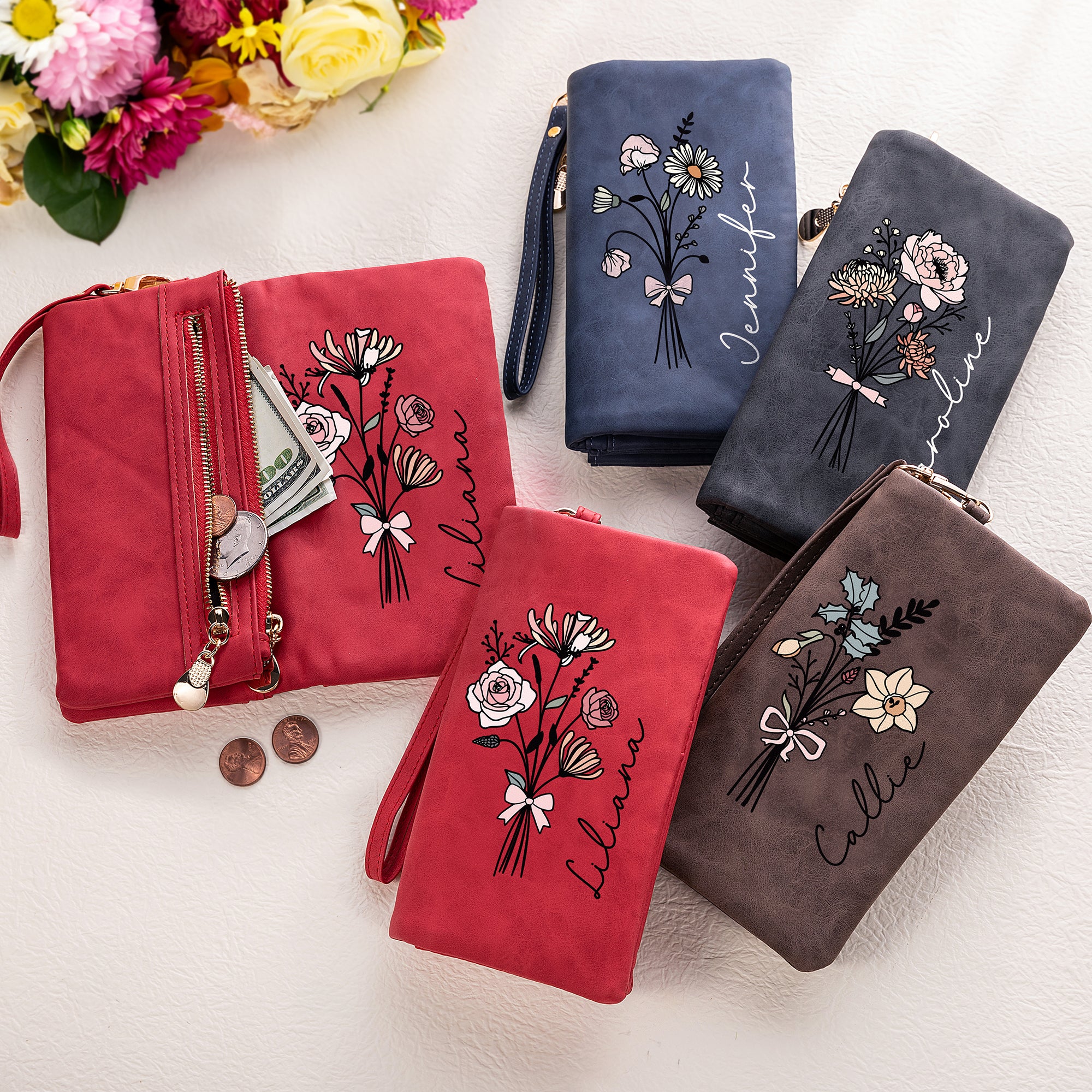 Personalizada Acuarela Nacimiento Flor Bouquet PU Cartera de cuero con nombre y Wristlet Navidad Cumpleaños Regalo para Mujeres Niñas