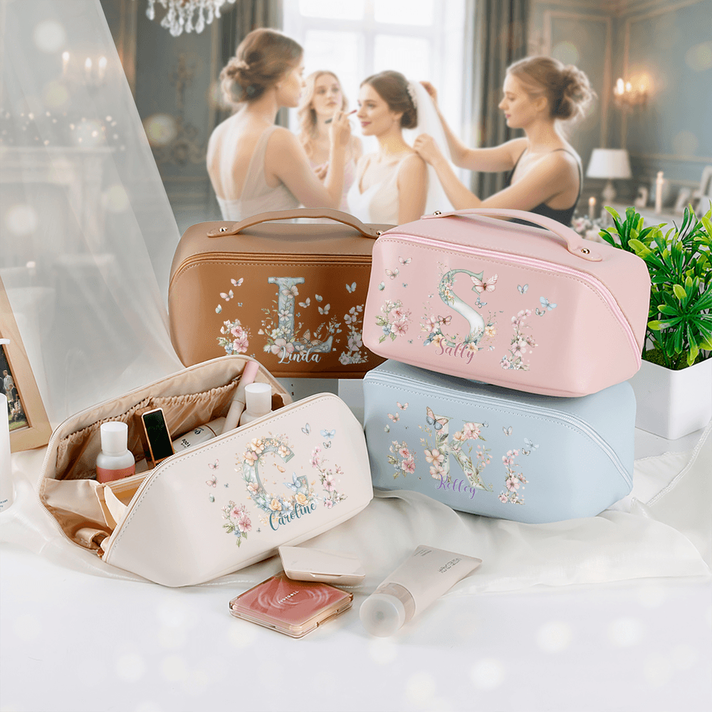 Personalizada acuarela floral inicial de cuero de la PU amplia apertura bolsa de maquillaje con nombre de viaje esencial regalo de boda para Bestie Dama de honor