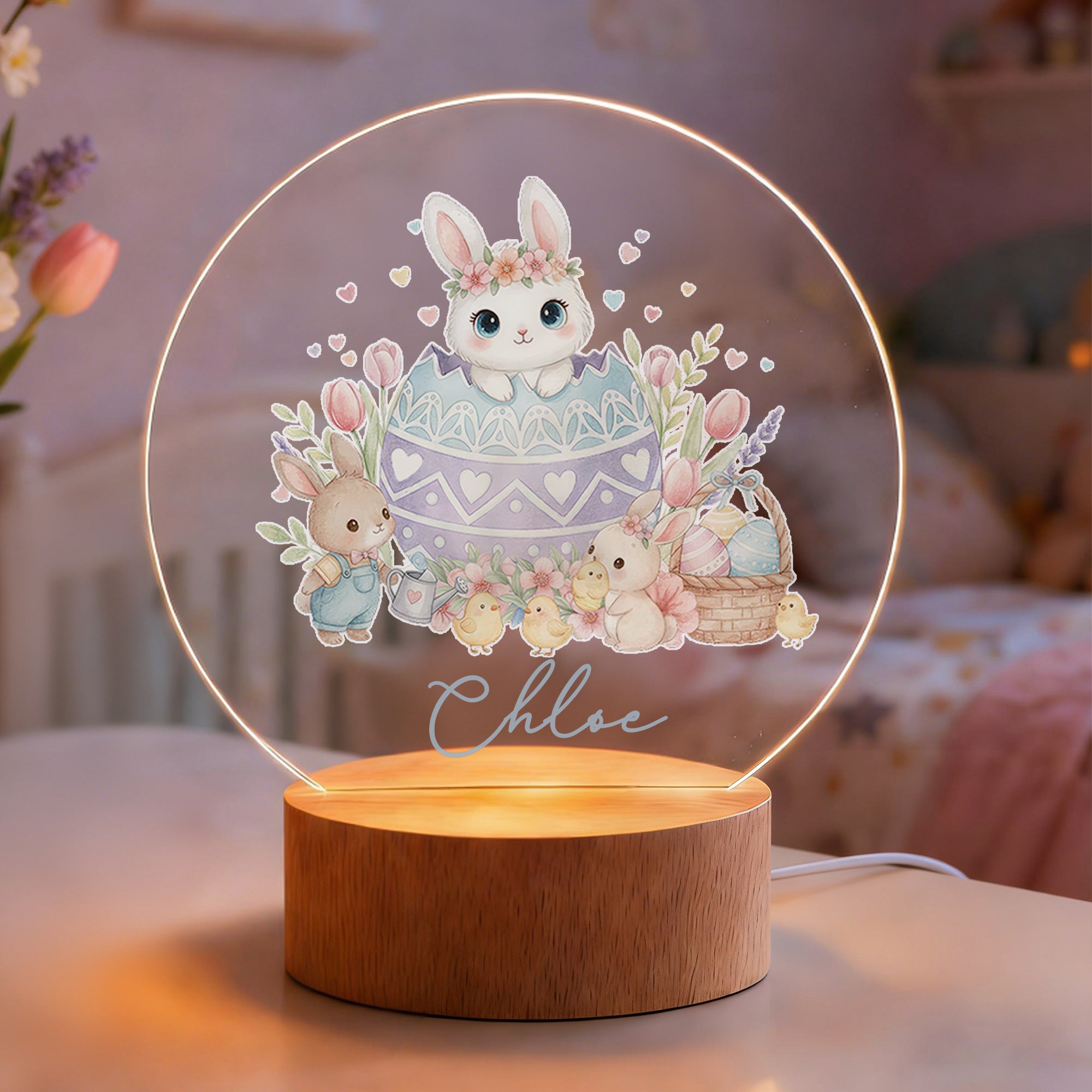 Conejito de Pascua Personalizado Flor de acrílico LED Luz de Noche con Nombre y Base de Madera Decoración del Hogar Regalo de Pascua para Niños