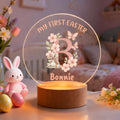Conejito Floral Acrílico Acuarela Rosa Personalizada Luz de Noche LED con Nombre y Base de Madera Decoración de Guardería Pascua Cumpleaños Regalo para Niños