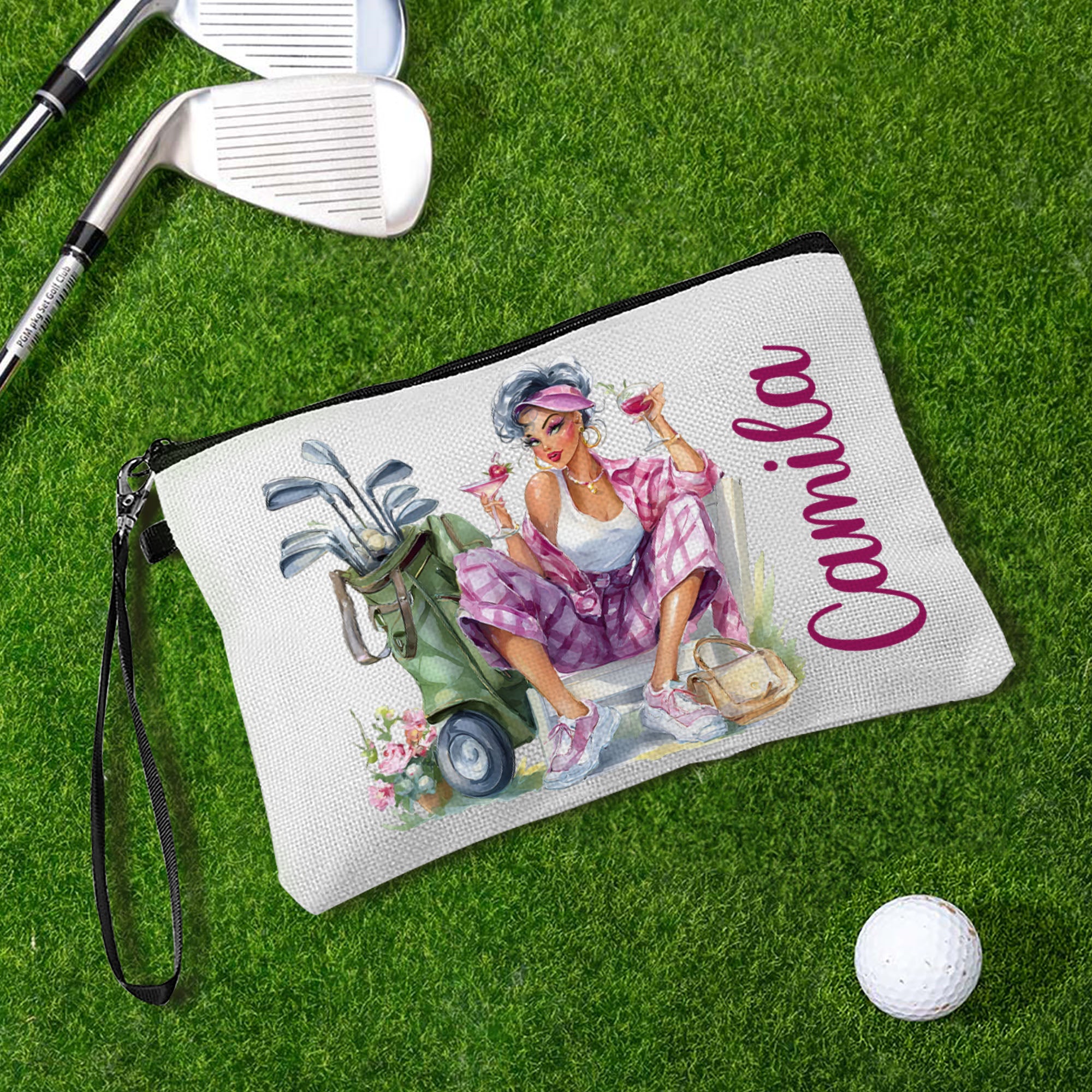 Bolsa de maquillaje con nombre de personaje de golf personalizada en acuarela con correa de muñeca para uso diario Regalo de cumpleaños de Navidad para mujeres amantes de los jugadores de golf