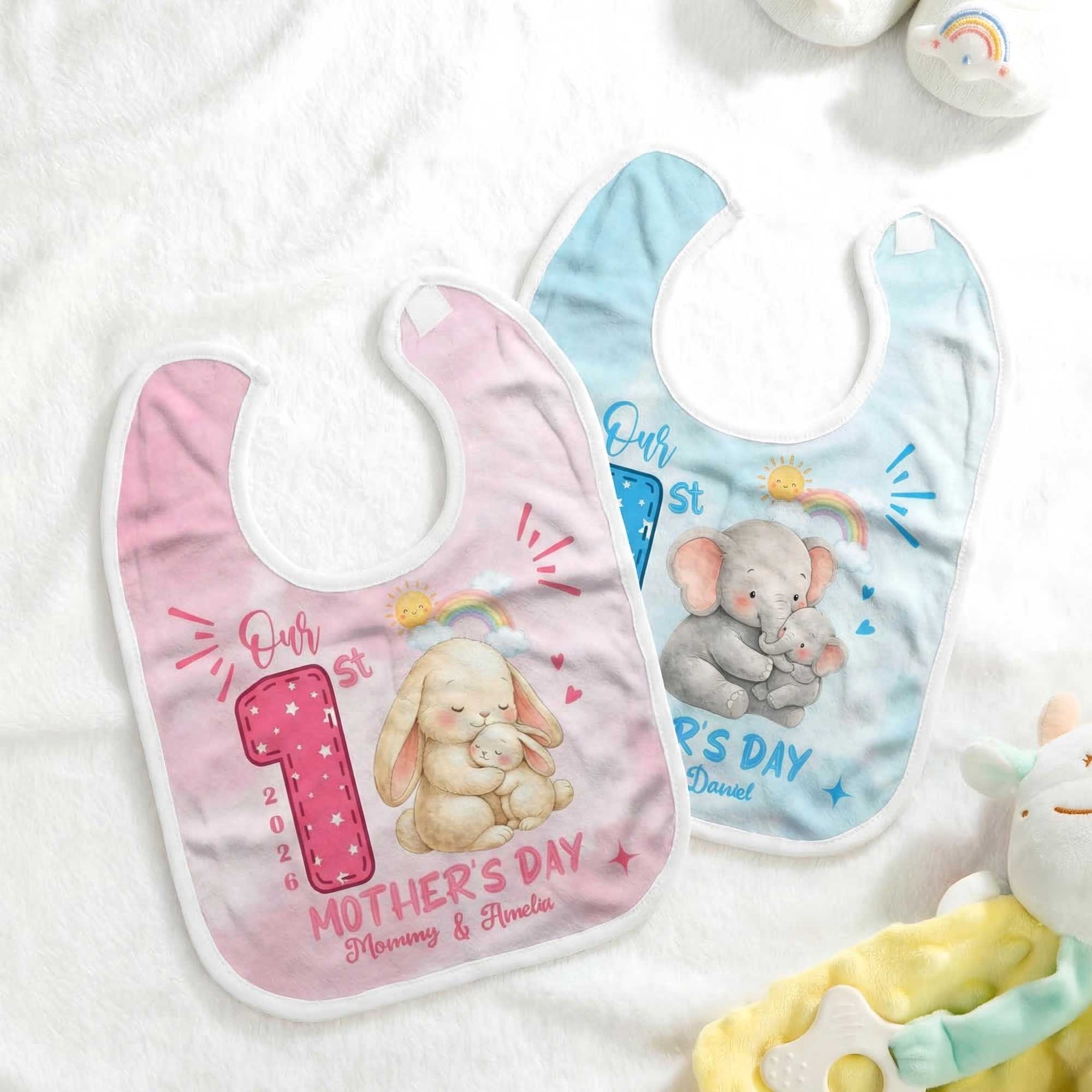 Personalizado Nuestro 1er Día de la Madre Simpático Animal 100% Algodón Babero con Nombres y Año Accesorio de Alimentación Primer Regalo del Día de la Madre para Recién Nacido