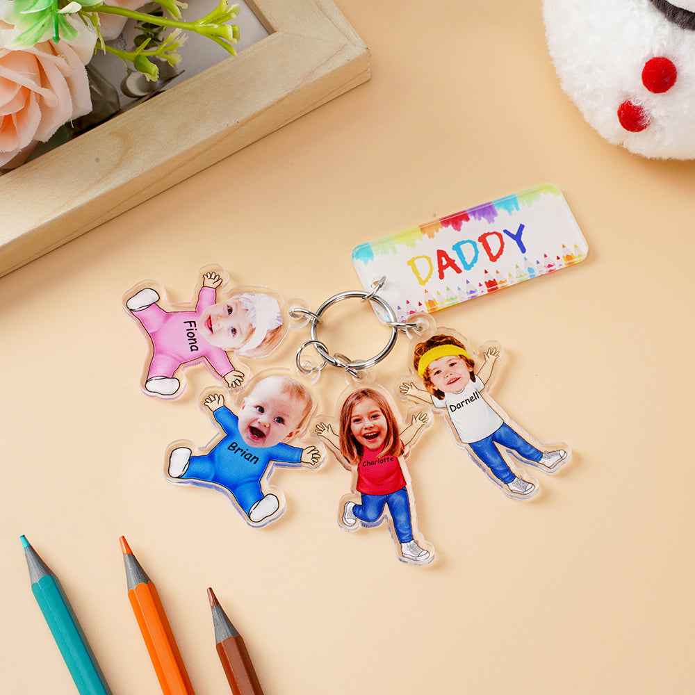 Llavero Acrílico Personalizado 1-4 Niños Cara Foto Dibujos Animados con Nombre y Etiqueta Papá Día del Padre Cumpleaños Regalo para Papá Familia