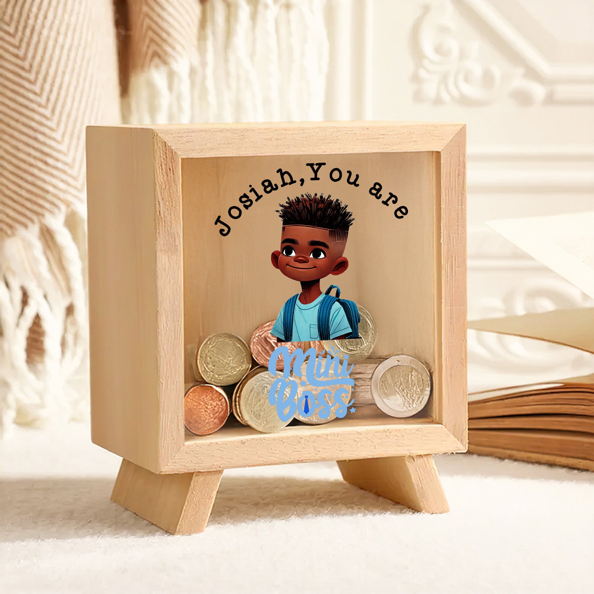 Hucha de madera personalizada You Are Mini Boss de dibujos animados para niños Hucha con nombre Vuelta al cole Cumpleaños Día del niño Regalo para niños