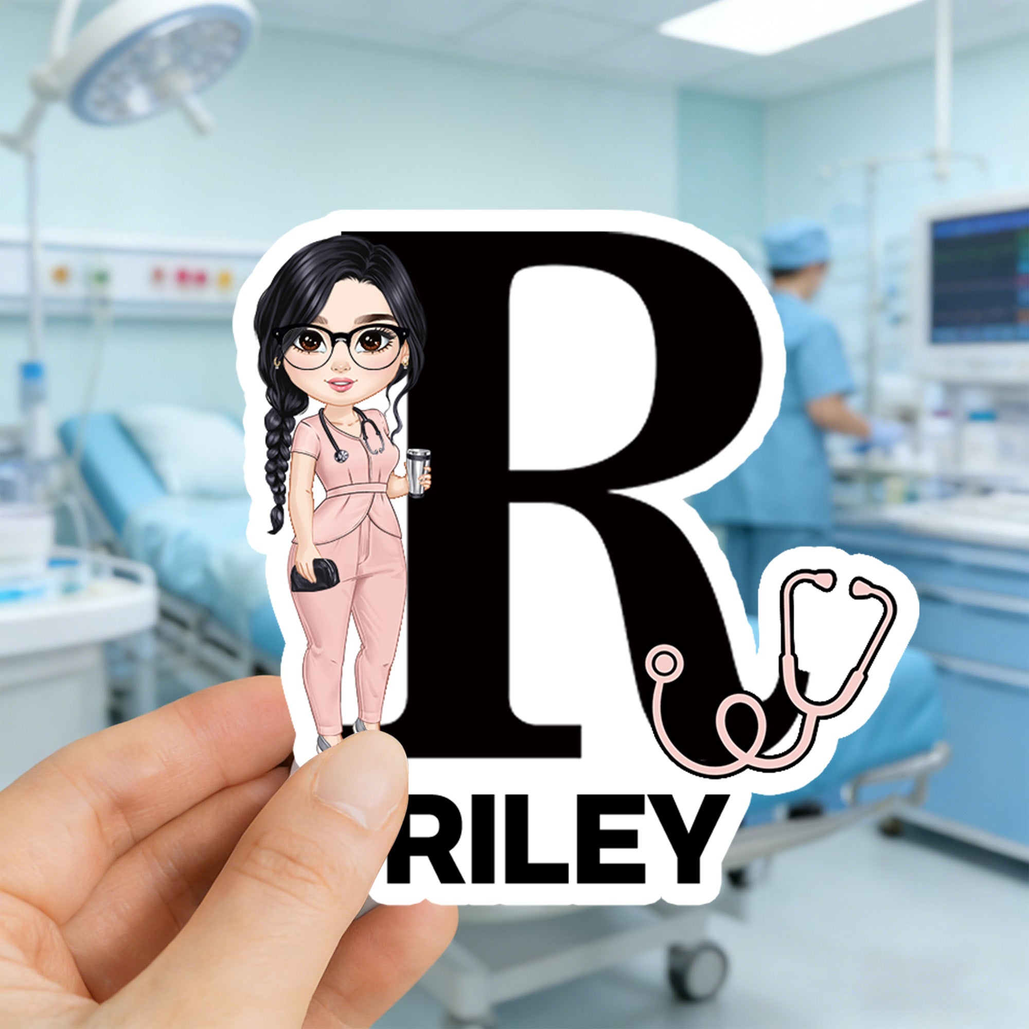 Juego de 2 etiquetas adhesivas impermeables personalizadas con nombre e inicial de personaje médico de dibujos animados Regalo de cumpleaños para enfermera doctora
