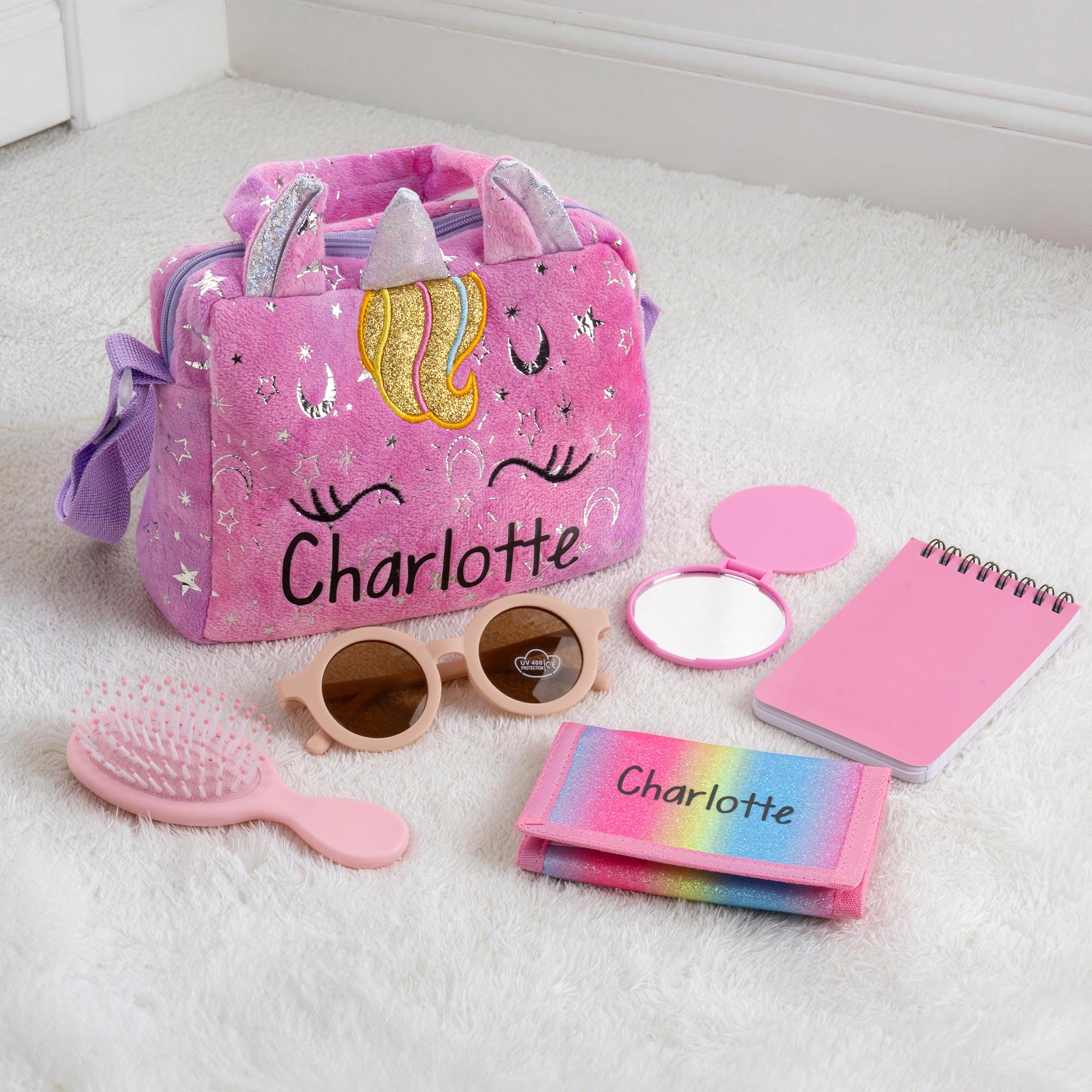 Juego personalizado de 6 carteras de unicornio de fantasía con purpurina y nombre Regalo de cumpleaños para niñas en el día de la vuelta al cole