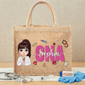 Bolsa de yute reutilizable personalizada con el nombre y la profesión de la enfermera o el médico de dibujos animados Regalo de cumpleaños para el personal médico