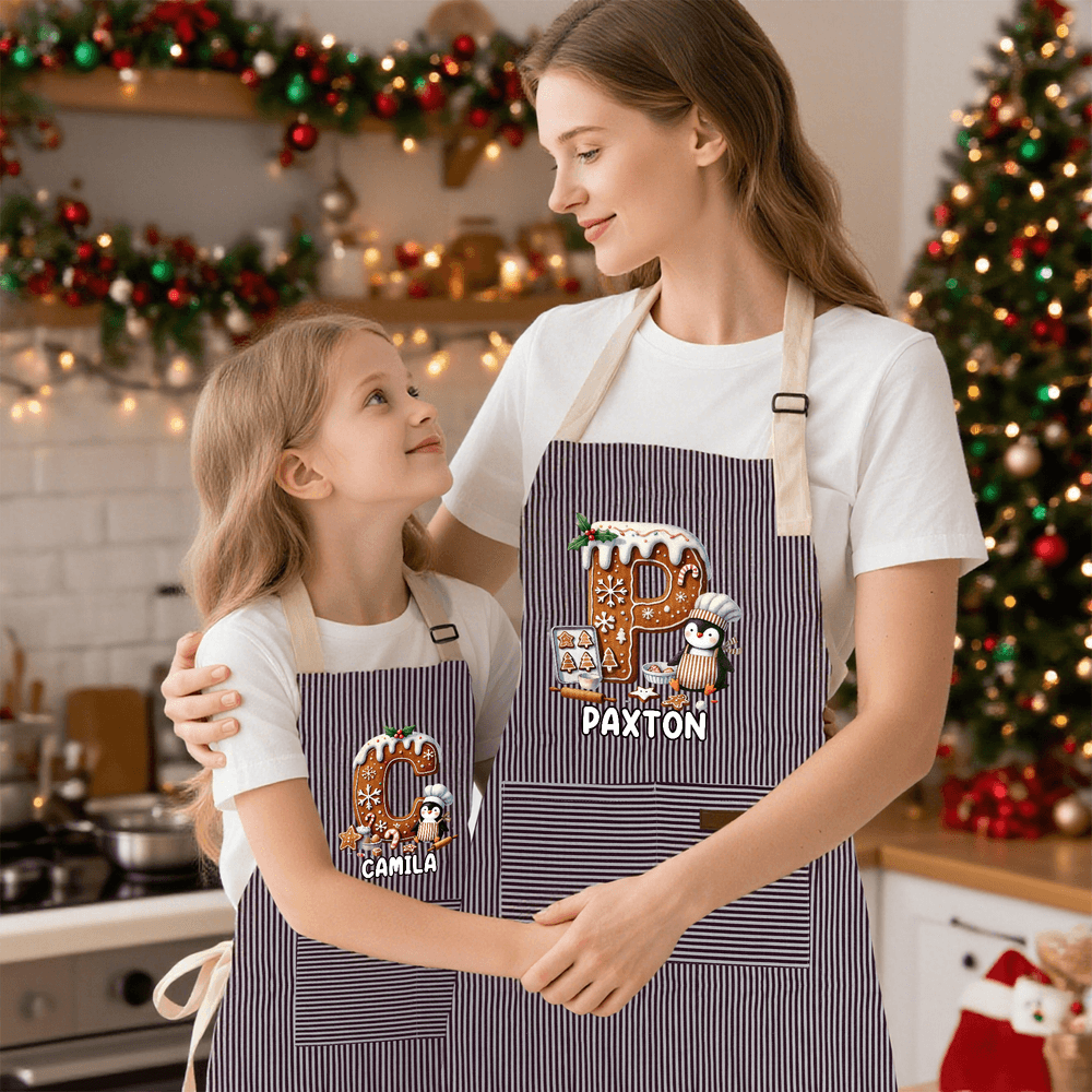 Delantal de repostería personalizado con nombre y bolsillo delantero Christmas Penguin Biscuit Initial Kid Adult Birthday Christmas Gift for Kids Family