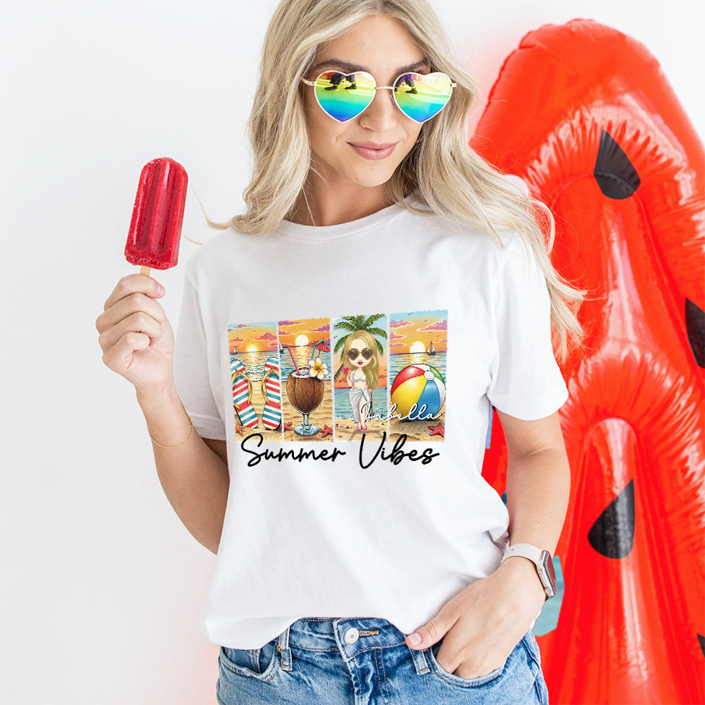 Camiseta personalizada Summer Vibes Cartoon Beach Girl 100% algodón suave con cuello redondo y nombre Holiday Birthday Gift for Women