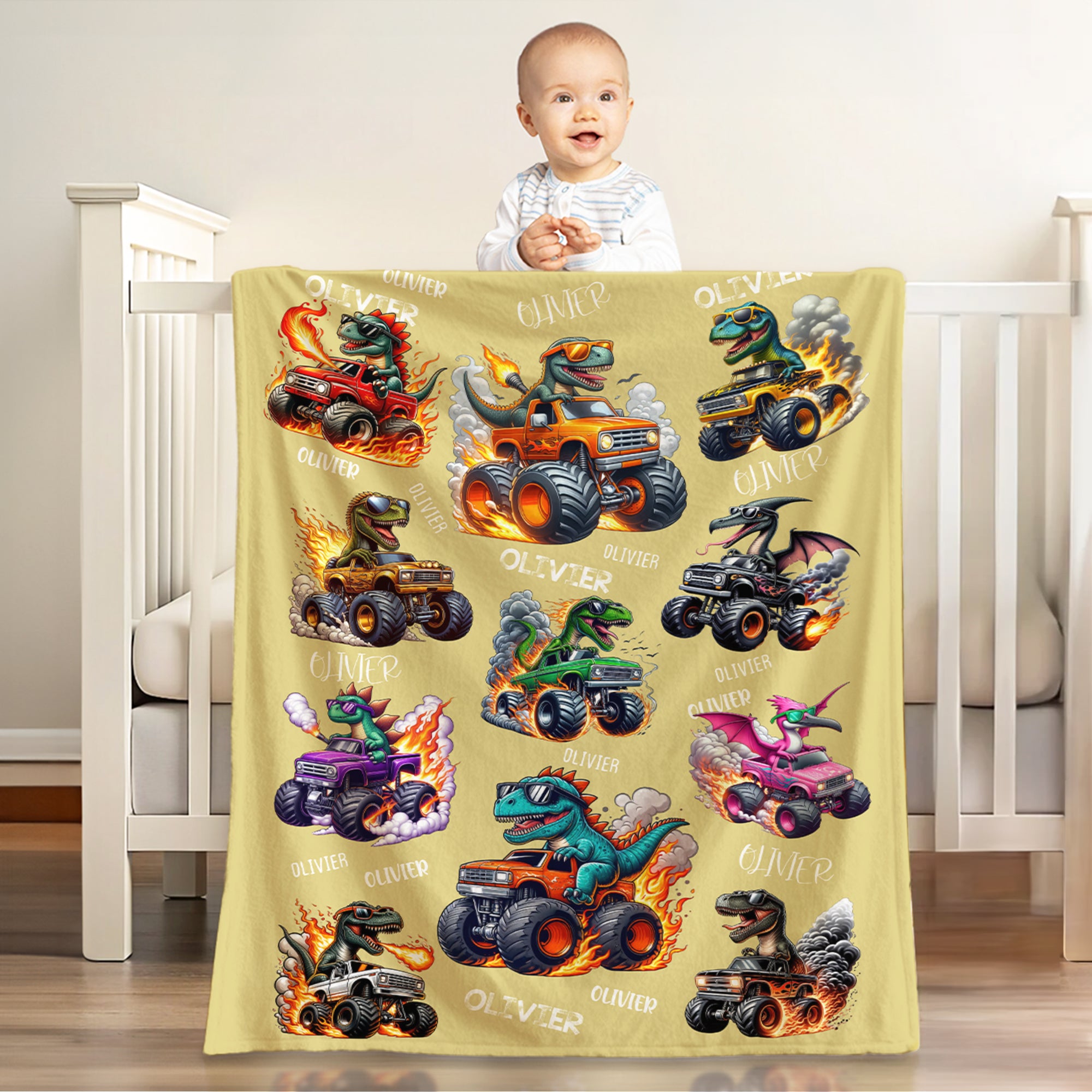 Manta blanda personalizada con el nombre Dinosaur Truck Adventure Design Home Decor Christmas Birthday Gift for Kids Dinosaur Truck Lovers